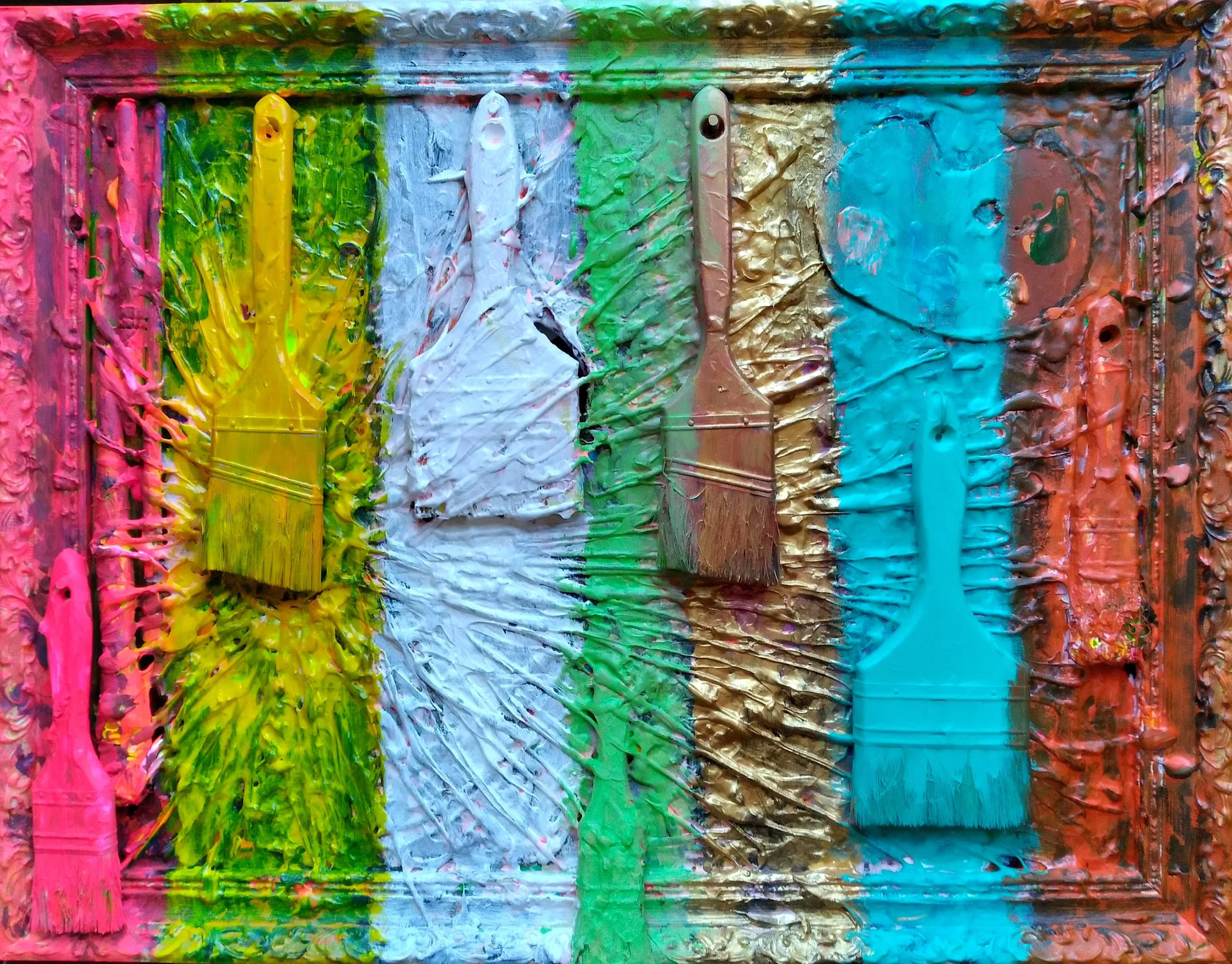Stripes, 2012. Oil, acrylic, brushes on canvas and frame. 18” x 24”.