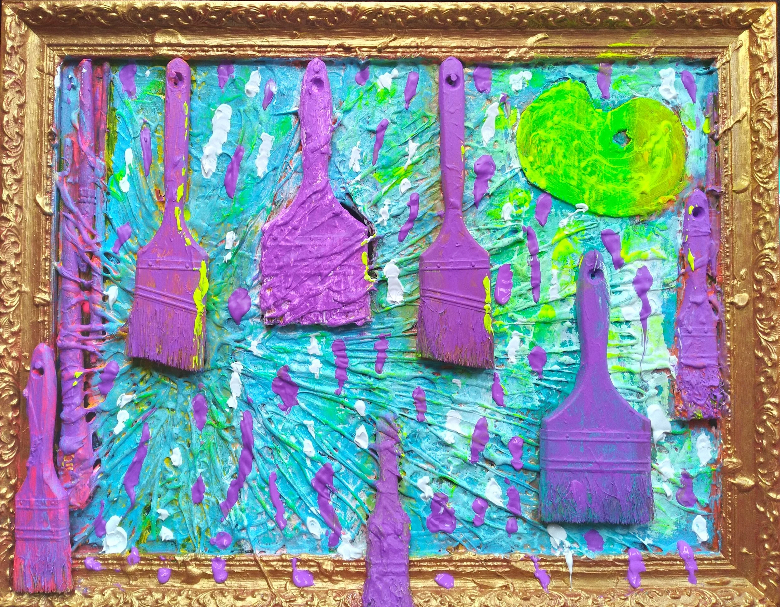 Purple Rain, 2012. Oil, acrylic, brushes wood on canvas and frame. 18” x 24”.