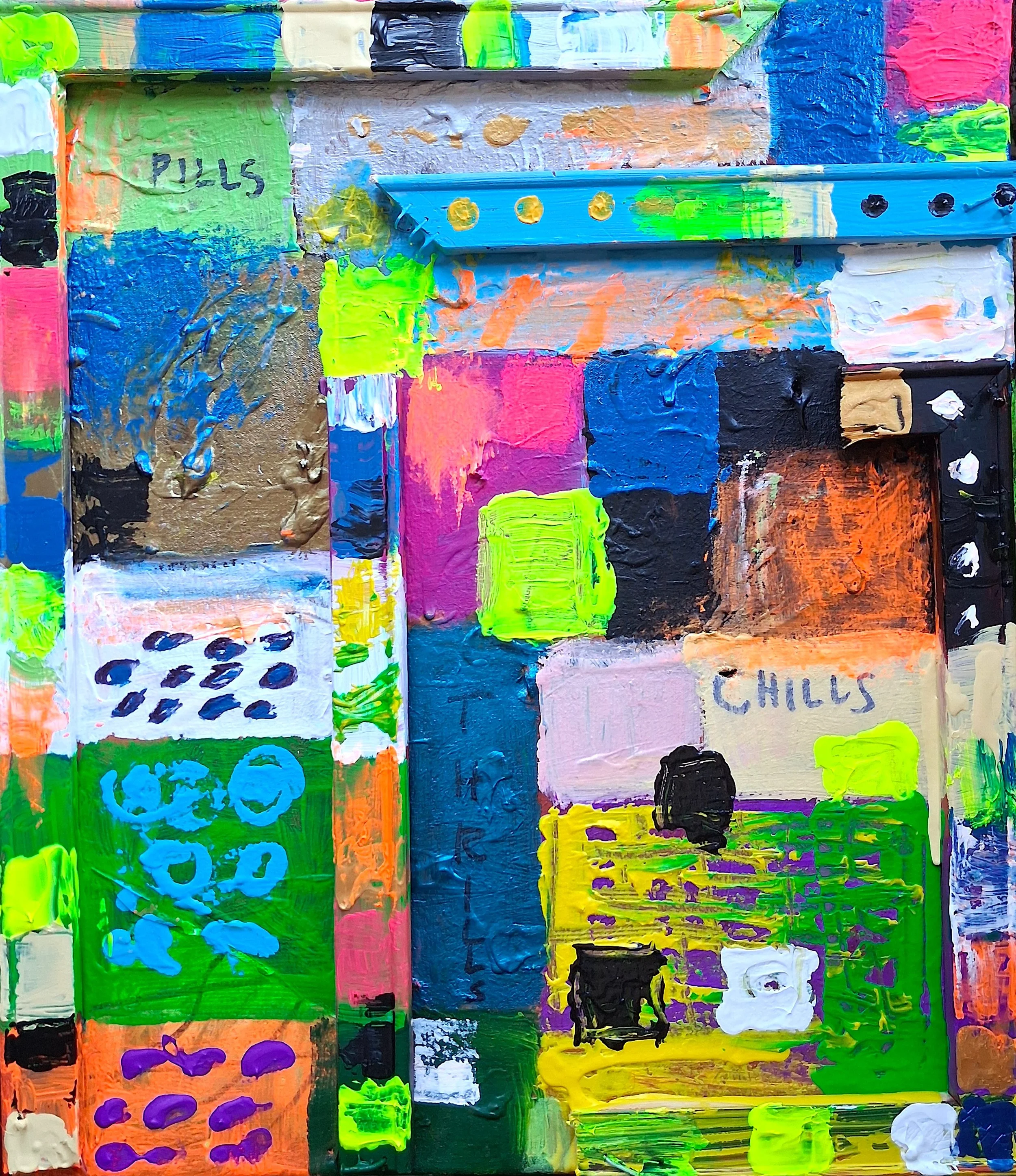 Pills, Chills, and Thrills, 2013. Oil, acrylic, wood on canvas. 20’ x 16”.