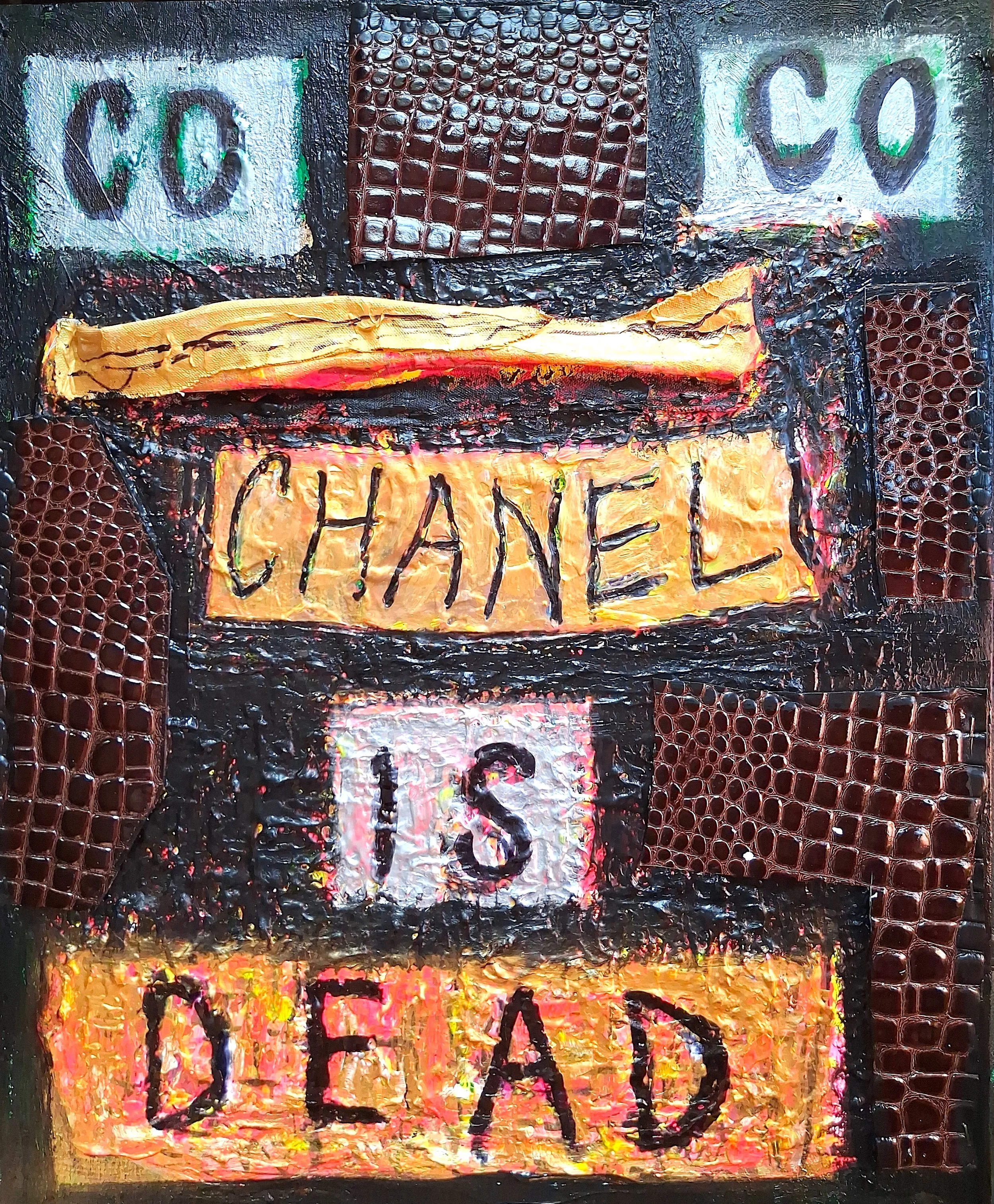 The Queen Is Dead, 2012. Oil, acrylic, faux leather on canvas. 24” x 20”.