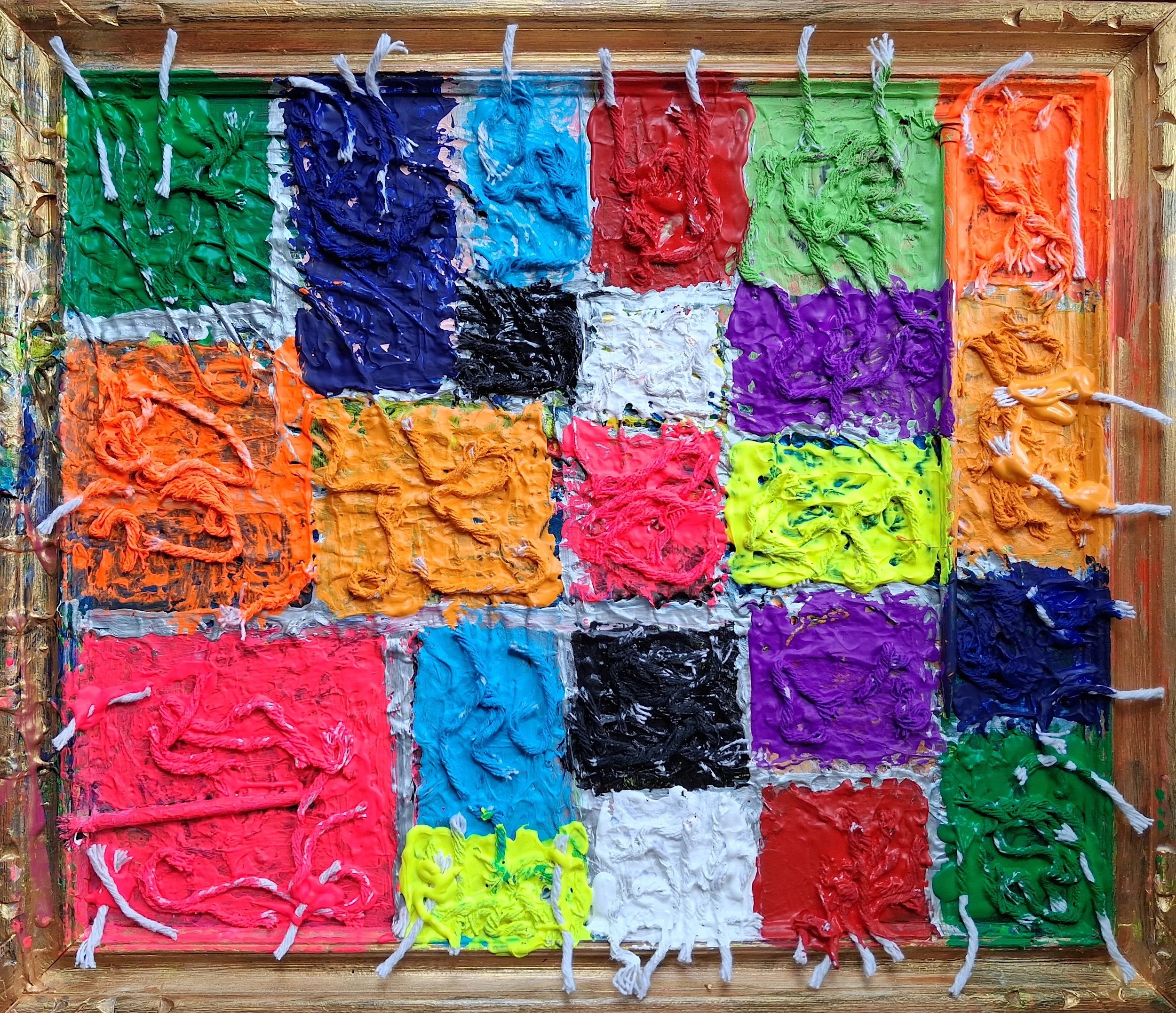 Quilt, 2026. Oil, acrylic, rope, on canvas. 24” x 28”.