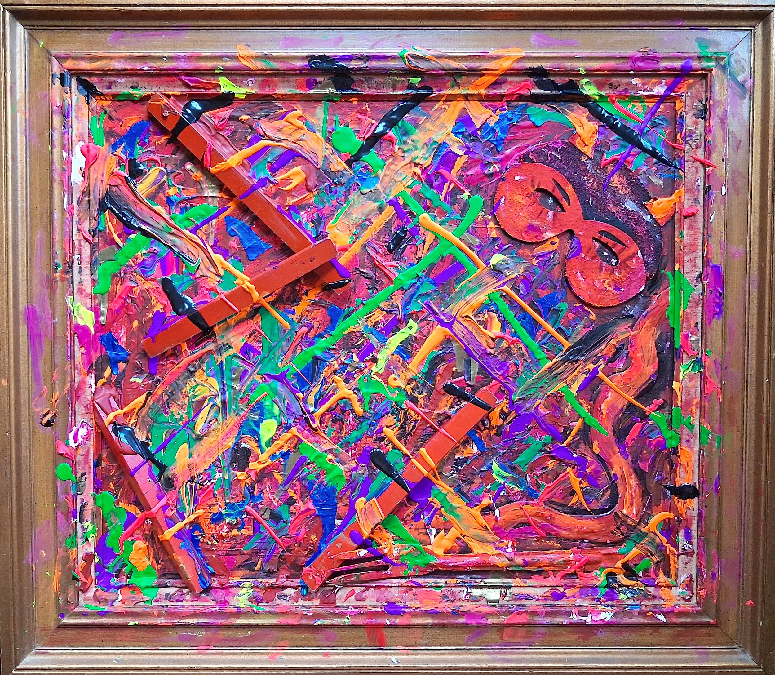 Mephistopheles, 2009. Oil, acrylic, mask, wood on canvas. 20” x 24”.