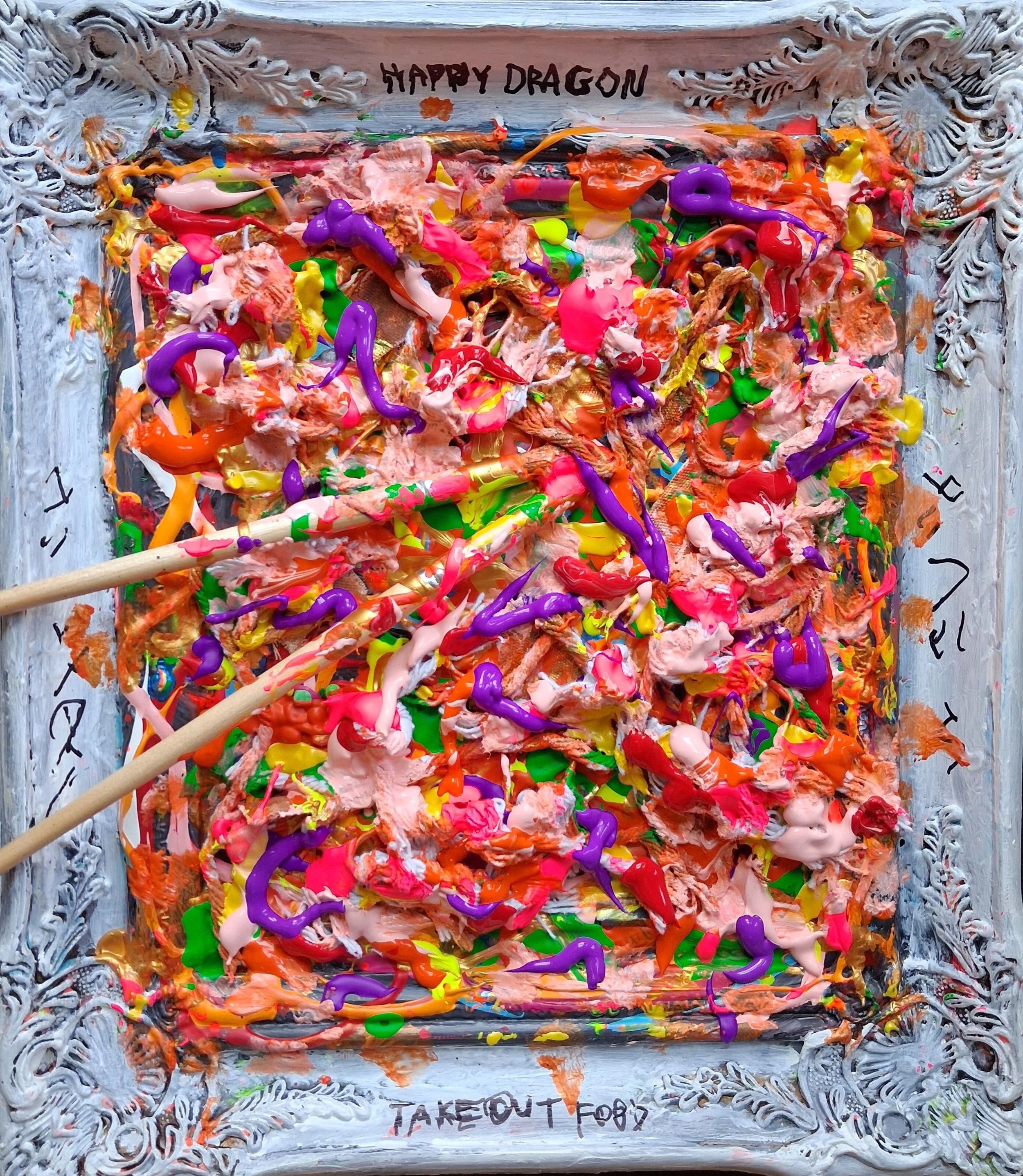 Chinese Food, 2024. Oil, acrylic, brushes on wood. 20” x 16”.