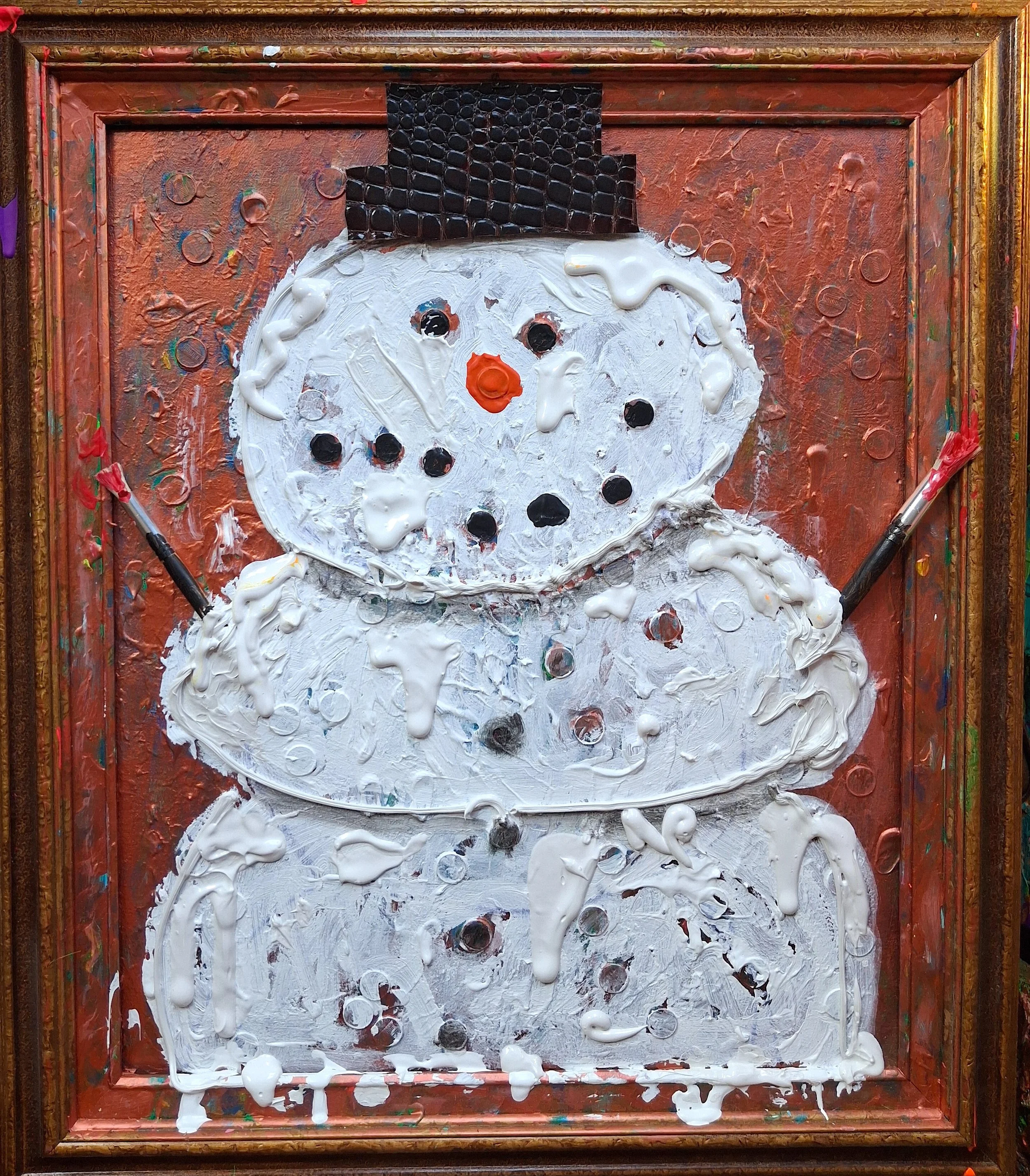 Snowman, 2025. Oil, acrylic, pennies, leather, brushes on canvas. 24” x 18”.