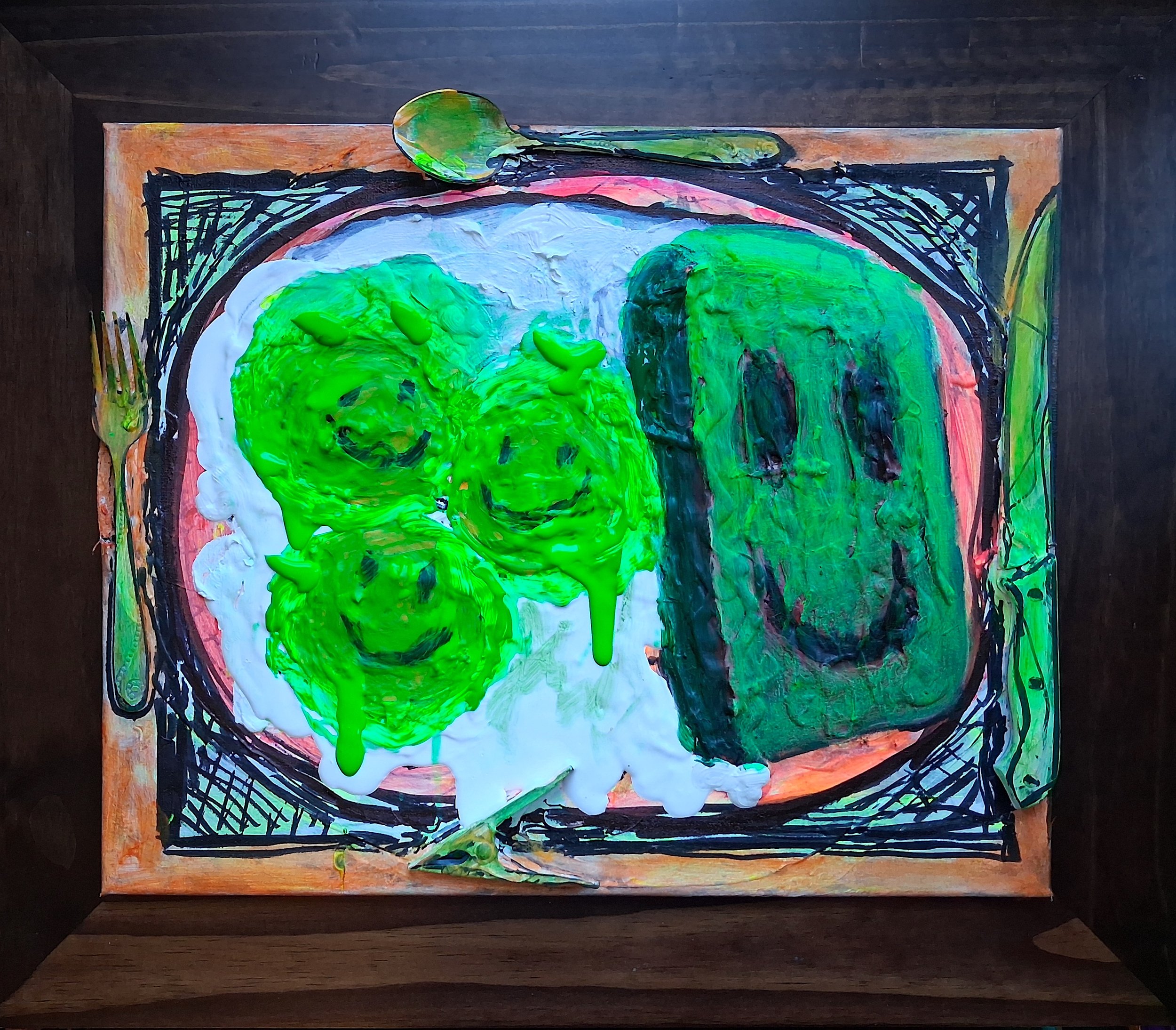 Green Eggs and Ham, 2024. Oil, acrylic, silverware on canvas and frame. 16” x 20”.