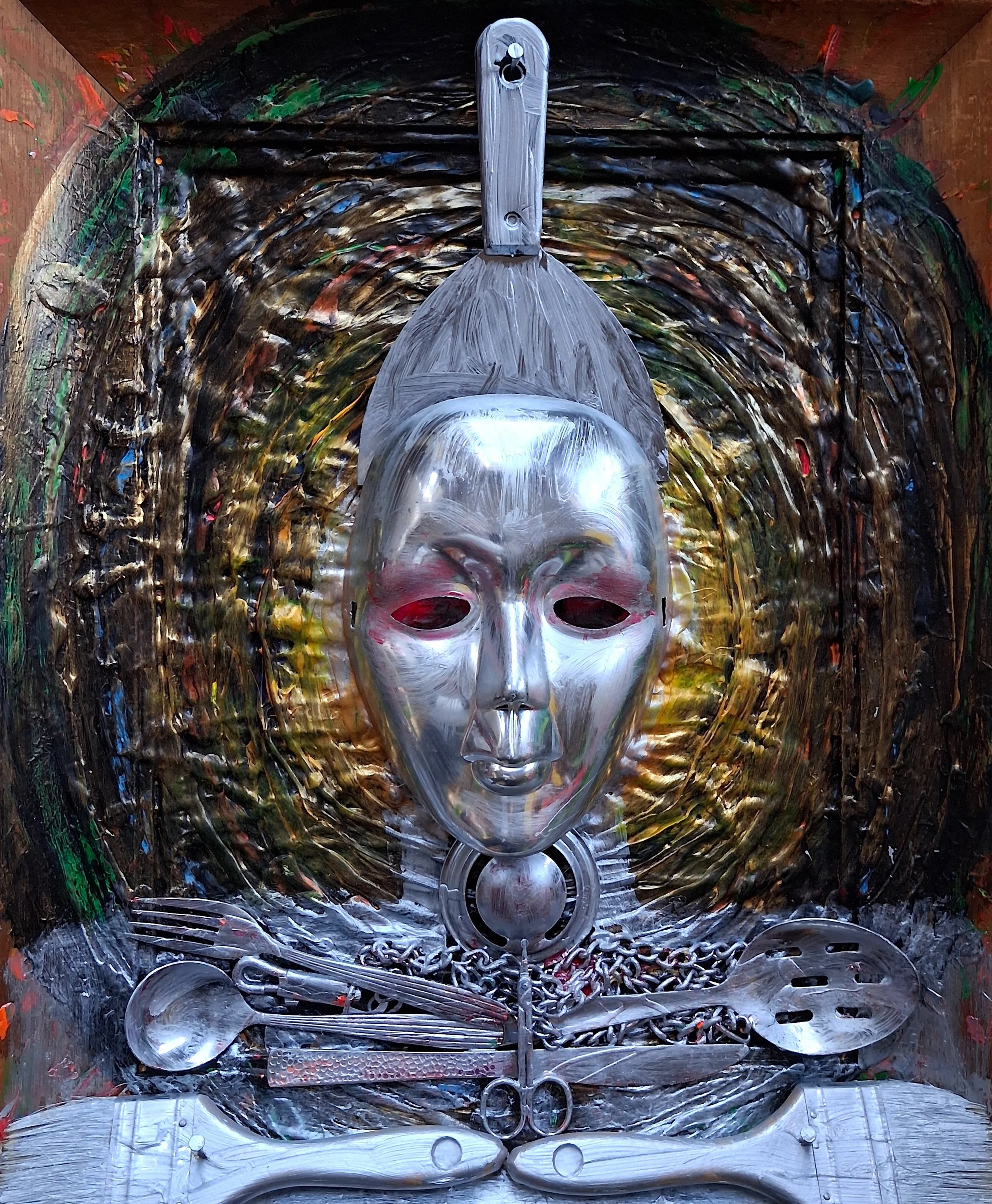 The Tin Man, 2024. Oil, acrylic, mixed media on canvas and frame. 22” x 18”.