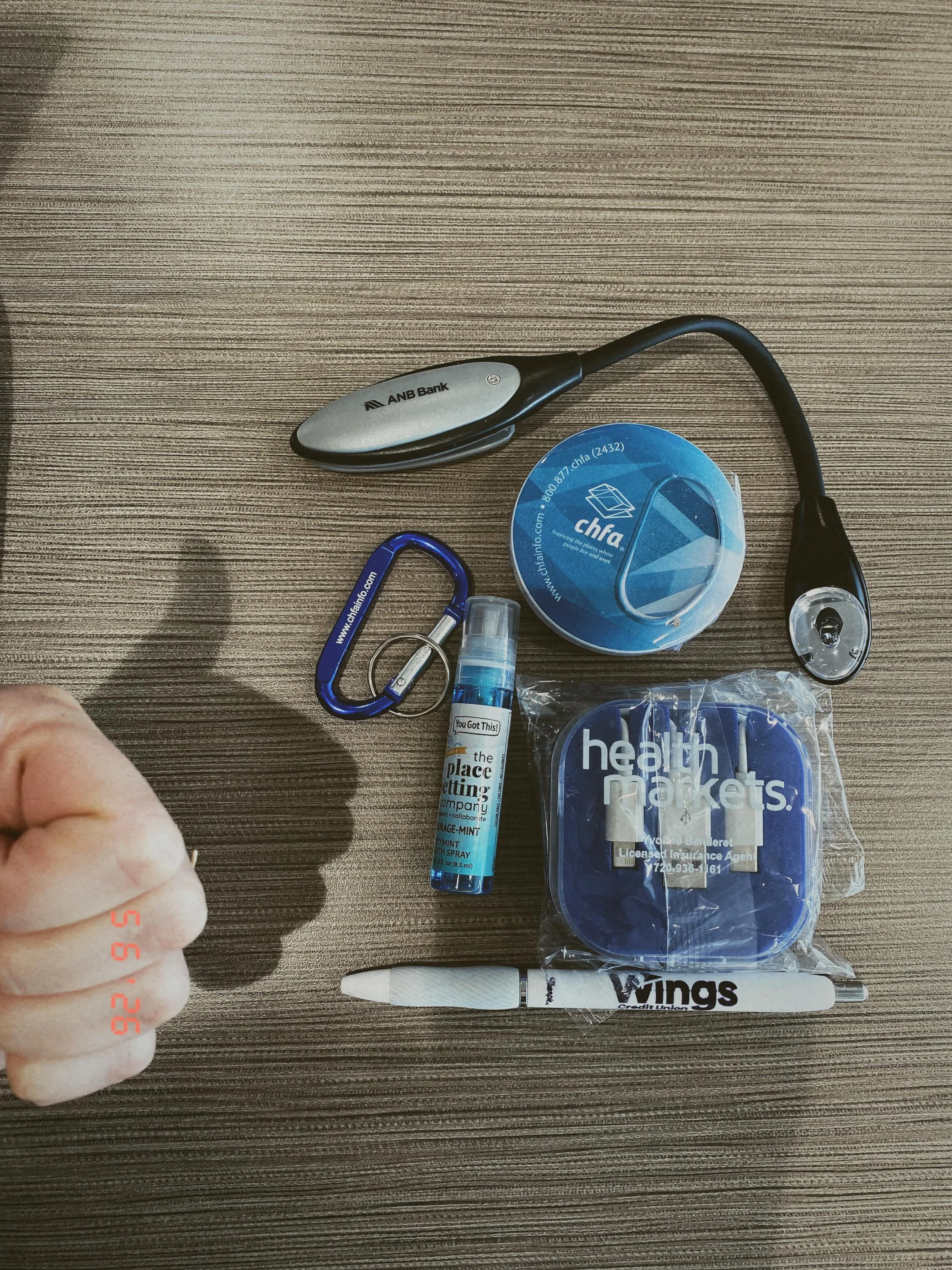 went to a conference. 

this is the useful marketing SWAG that made it into my computer bag and not a trash bag-cause i&rsquo;ll actually use it...

A booklight from @anbbank (loving the nod to analog)
Breathmints &amp; carabiner from @coloradohfa 
B