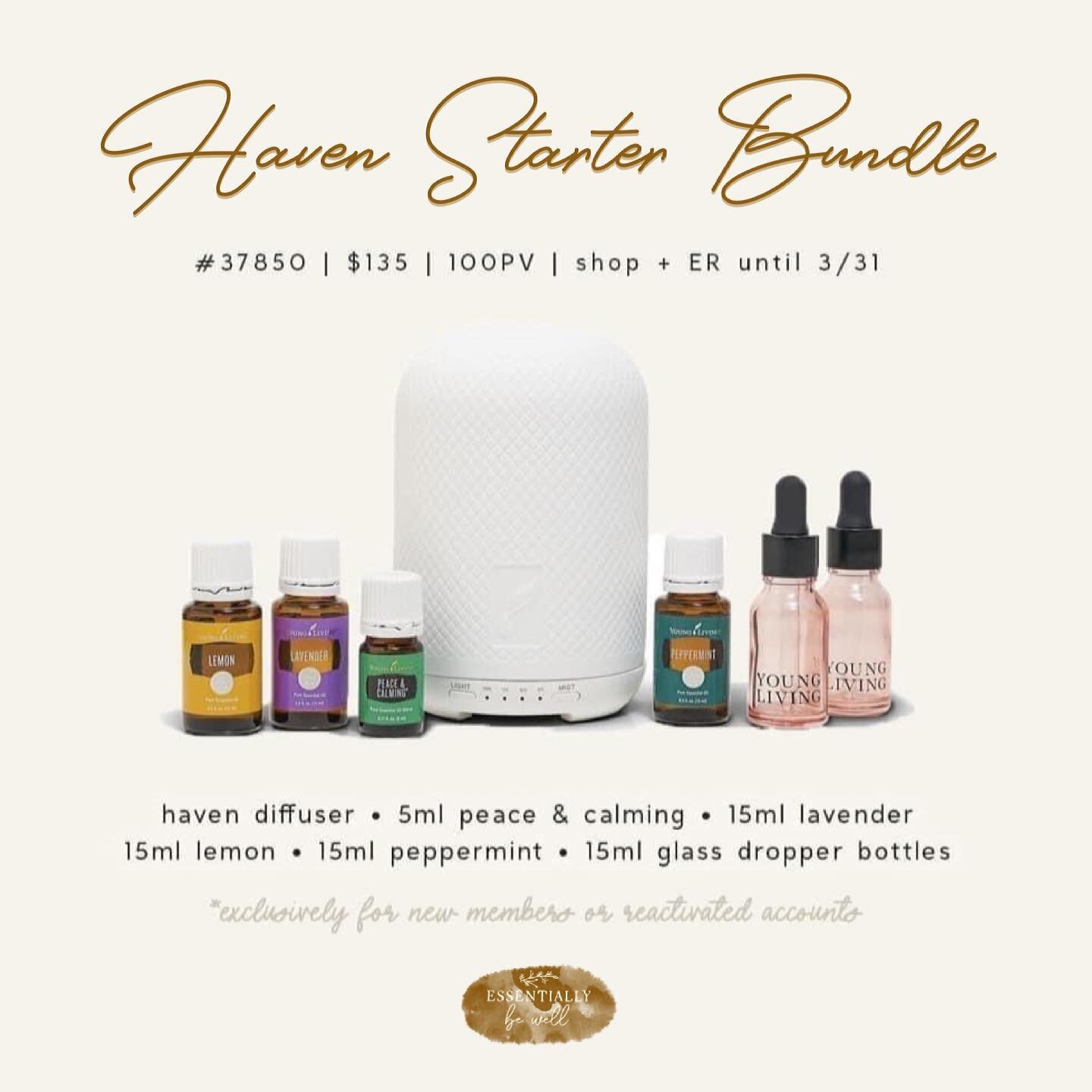 ✨ March Exclusive Starter Bundle ✨
If you&rsquo;ve wanted a more affordable way to take part in Young Living&rsquo;s wholesale perks &amp; unlimited EO education, THIS IS YOUR SIGN!

The Haven Starter Bundle comes with the most aesthetically pleasing