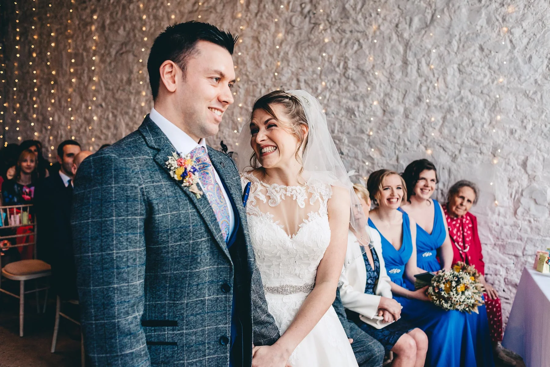 Bride is overjoyed when seeing her partner at a wedding at Rosedew Farm Llantwit Major South Wales