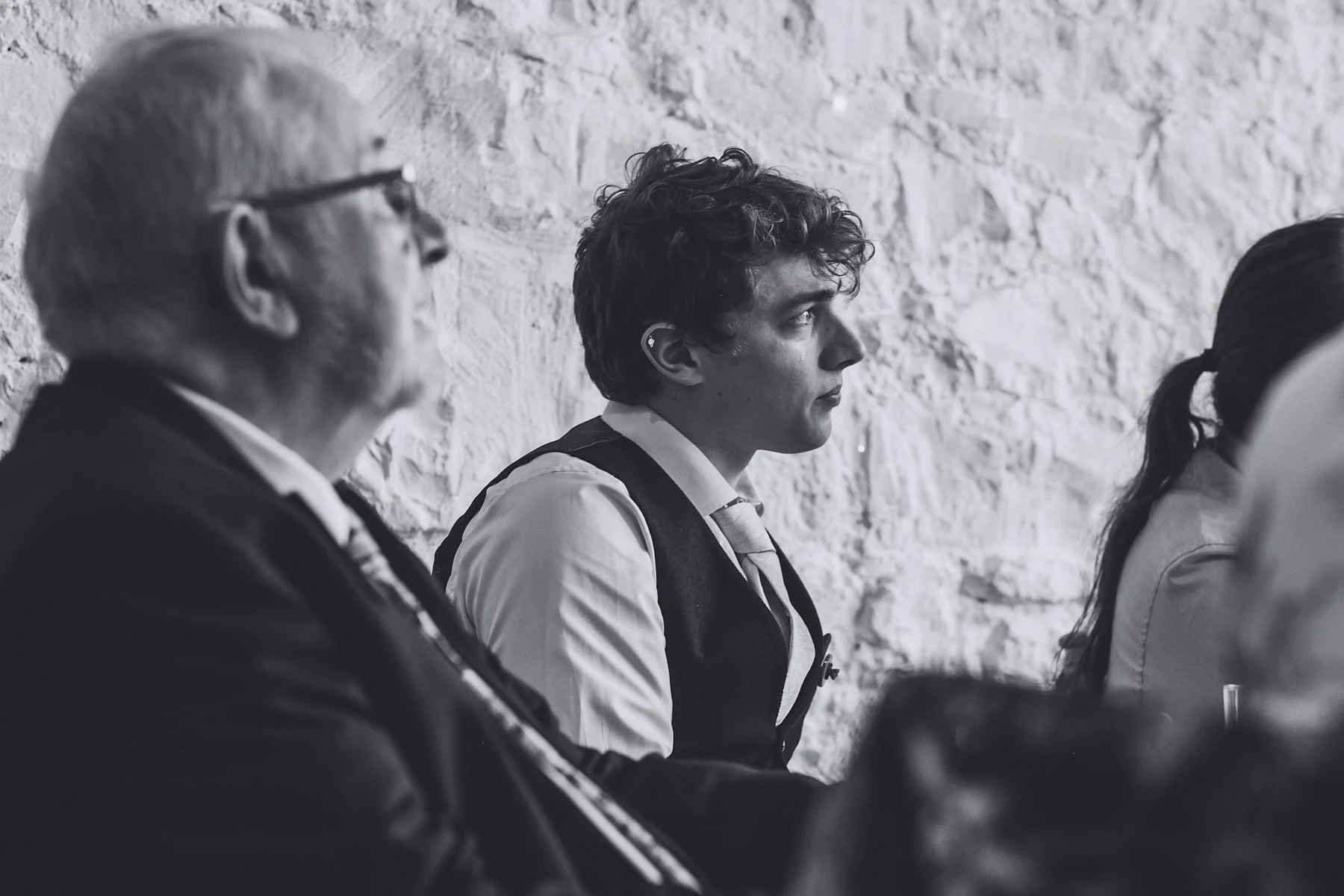 Wedding guest cries as he listens to speeches at Rosedew Farm Llantwit Major, South Wales