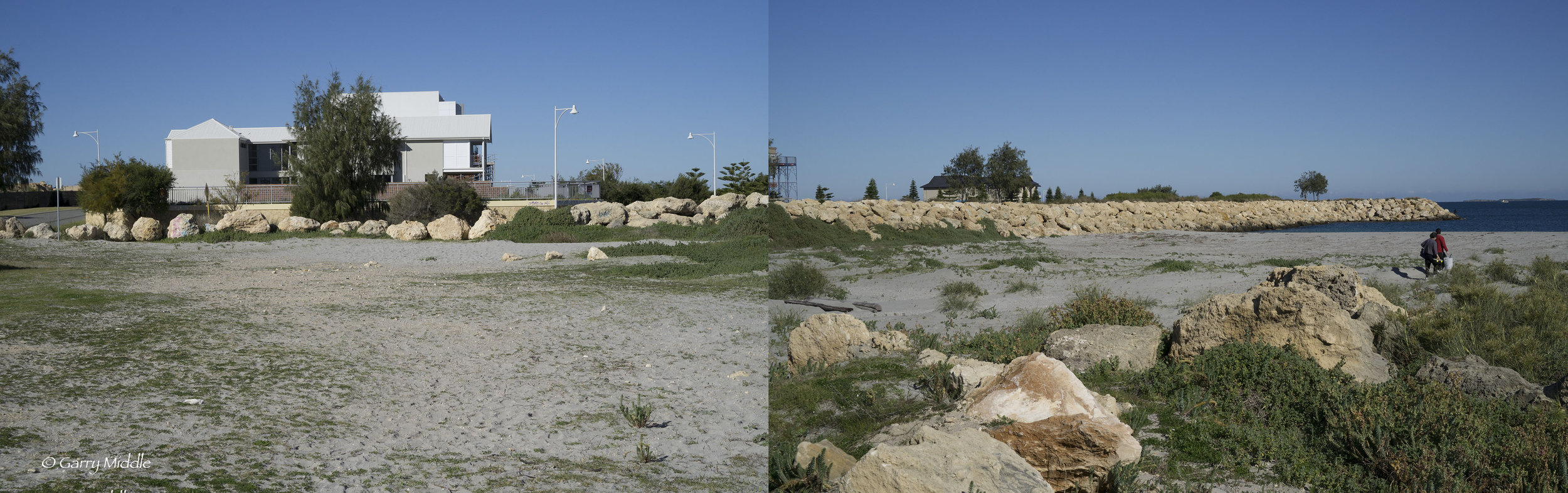 Plate 21: A poor ‘stitch’ of two photos showing where to climb the marina wall up passed the vegetation line.