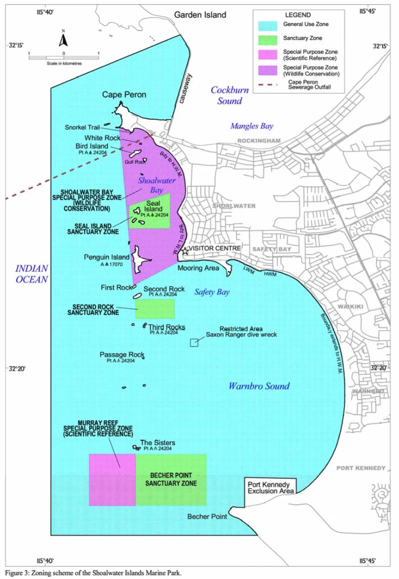 Figure 2: Map showing the boundary and zones of the of the Shoalwater Islands Marine Park & Reserve