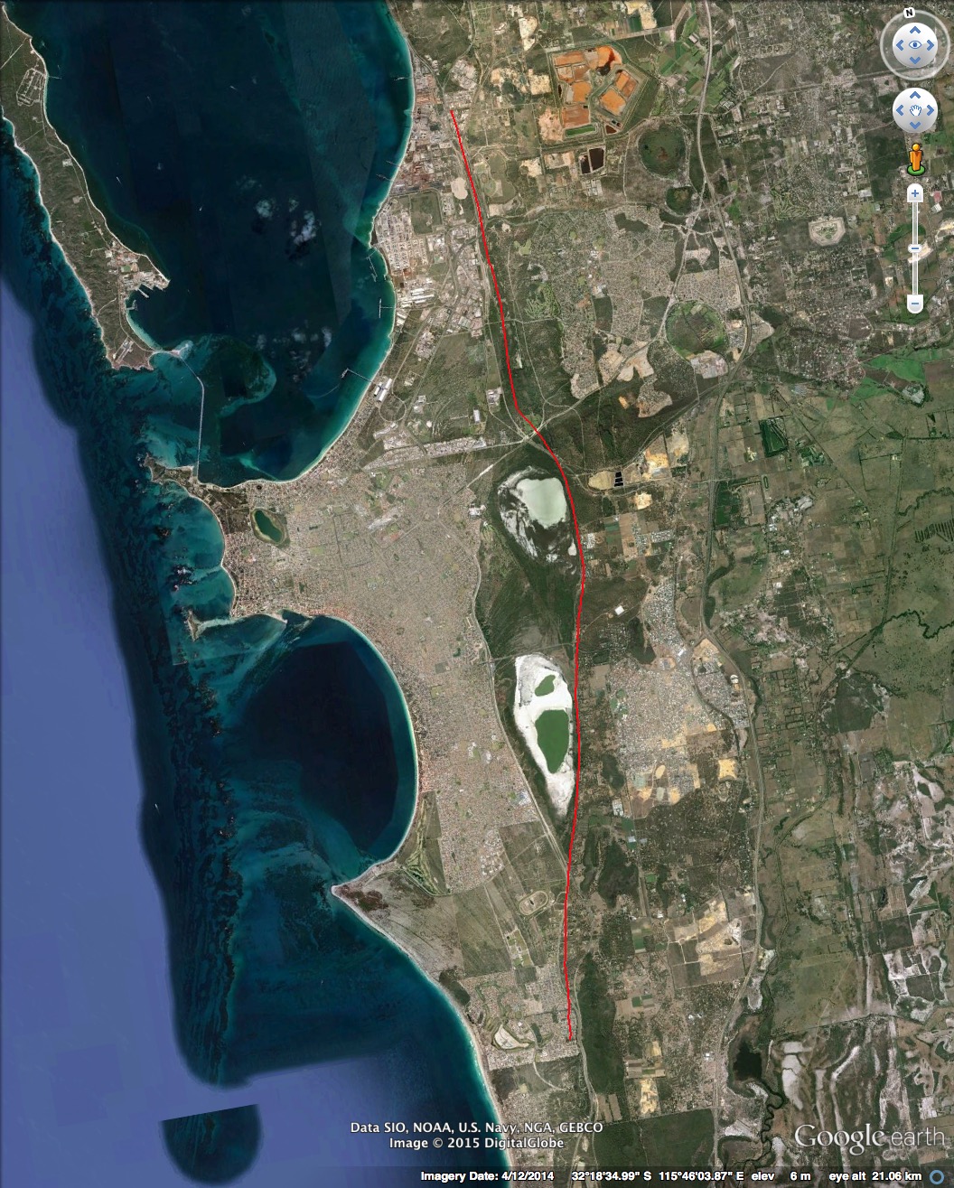 Figure 2: Google Earth image of broader Rockingham area showing the location of the Becher Plain and the approximate location of the coastline prior to the formation of the Plain.