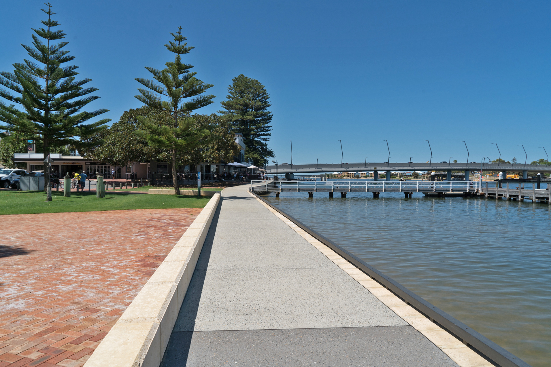 Plate 7: Near the end of the main Mandurah Foreshore, with shopping area/cafes and bridge