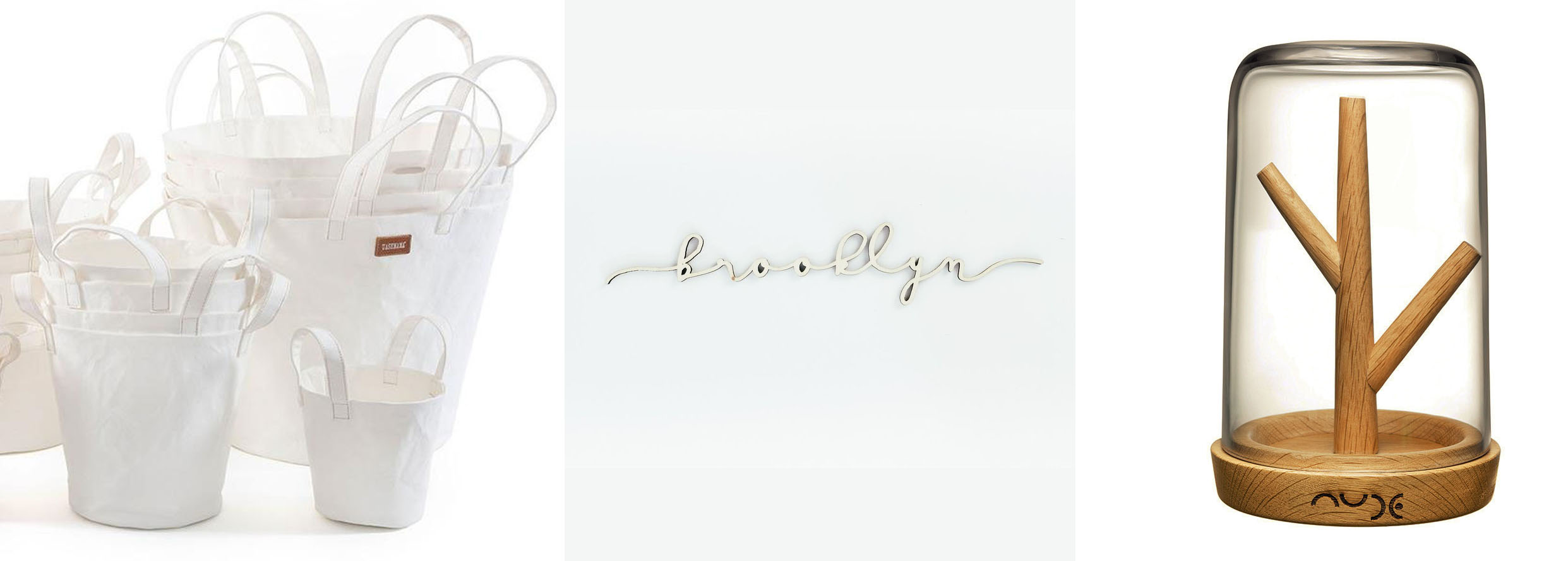 Left: Uashmama paper bucket - Center: Grainwell city name - Right: Jewelry stand by Erdem Akan for Nude