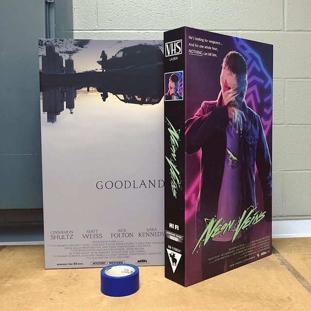 Big thanks to @jjcomotto for producing these giant VHS tape props for our movie&rsquo;s VHS store scene. Check out his show in Atchison on April 5th. Now who&rsquo;s seen either of these bad boys?👀🙋&zwj;♂️ .
.
.
#vhs #neonveins @goodlandmovie #ftl 