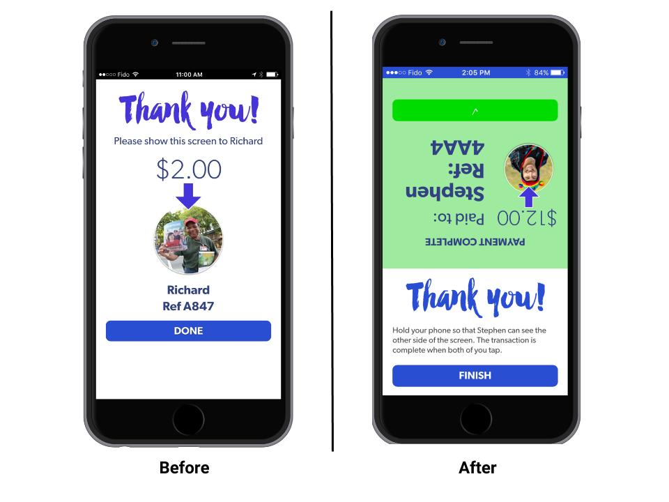 Before and after rendering of the Megaphone Magazine cashless payment mobile application.
