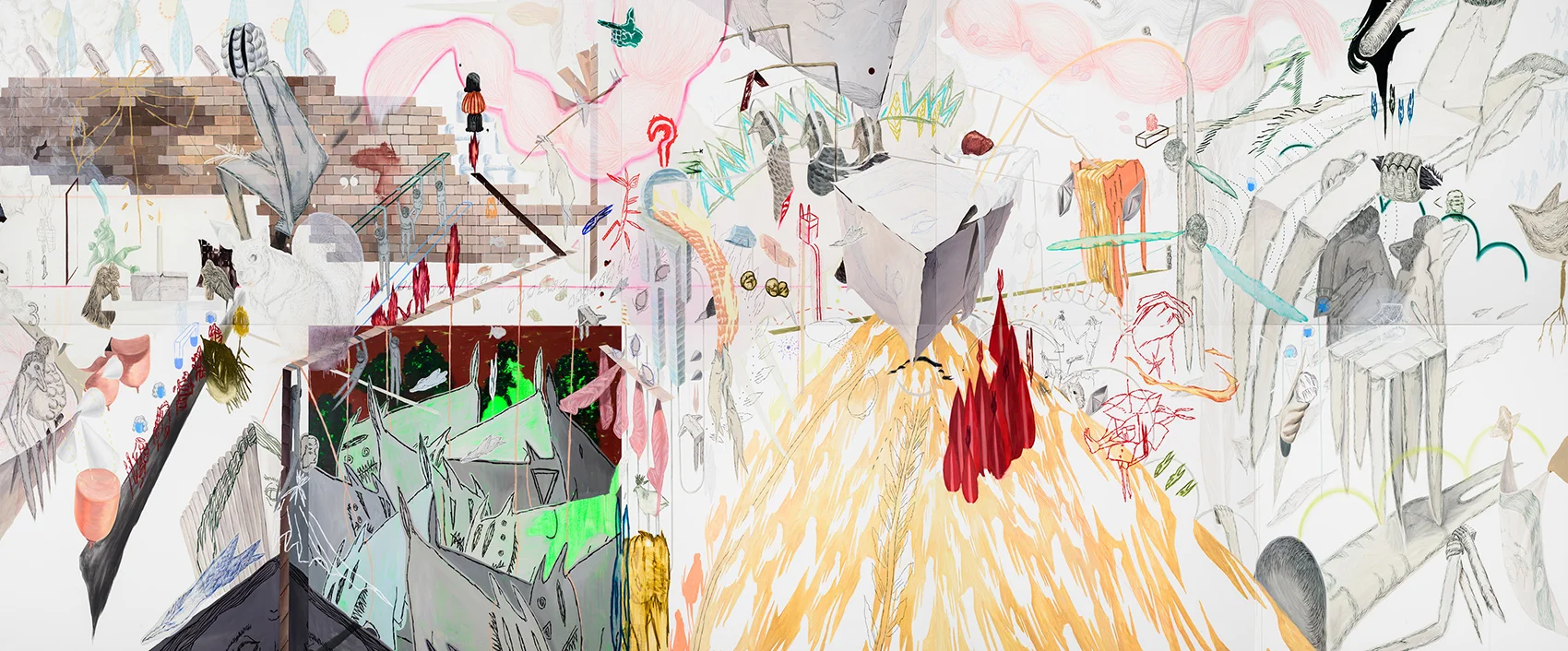Vulnerable drawing #650 - one dimensional responses of future, grandma, and complexity 2013, Mixed media on terra paper, 240x650cm 