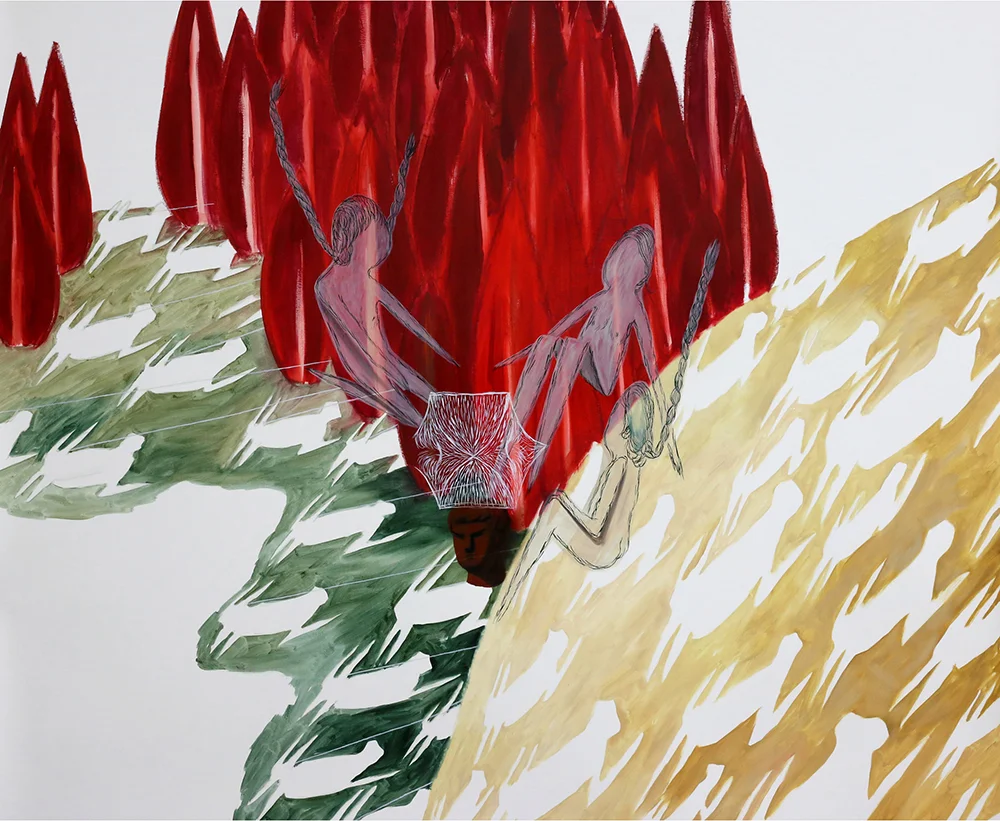 Vulnerable drawing #144 - girls chasing a bird 2013, Oil on terra paper, 117x130cm 