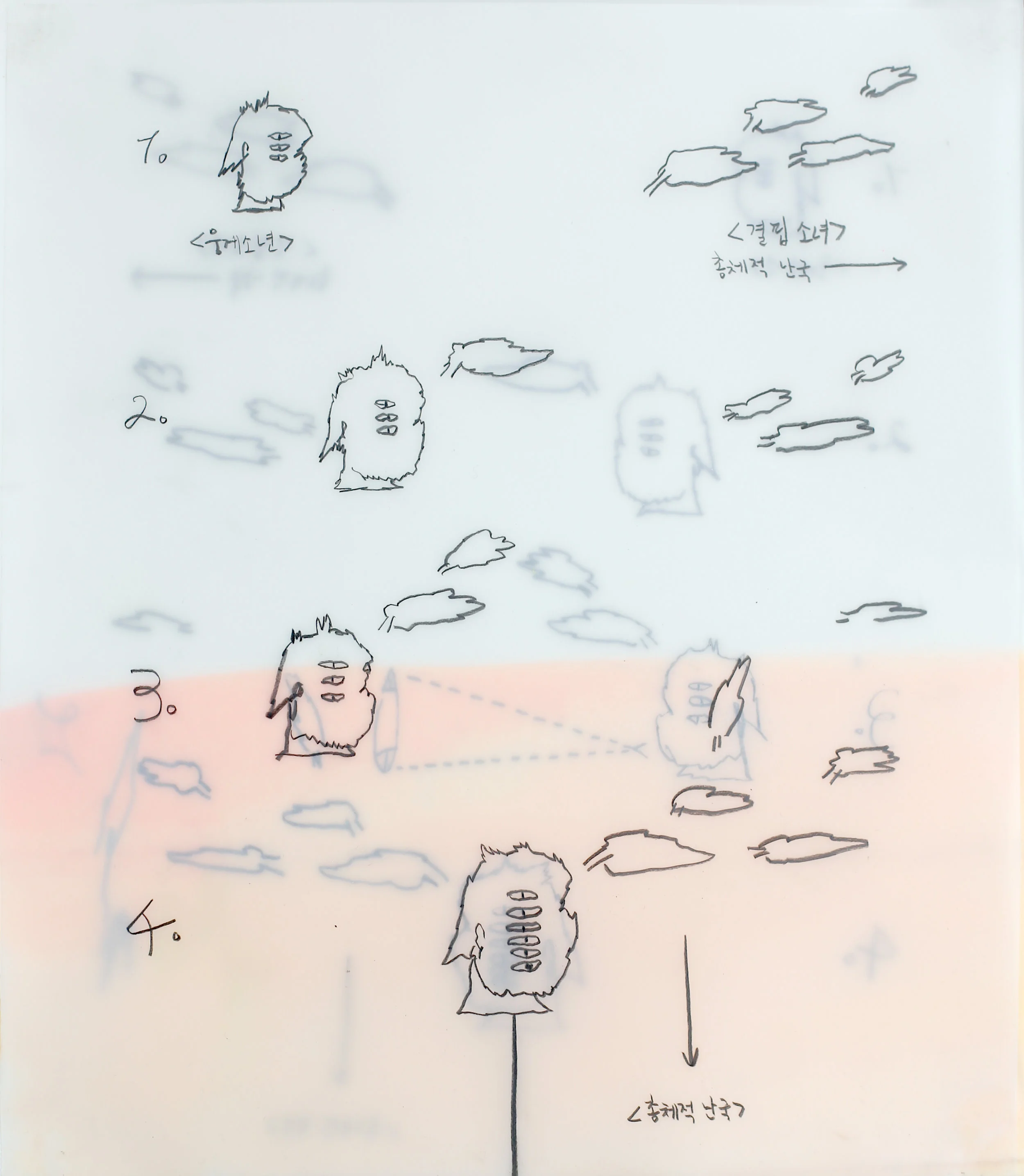   Vulnerable drawing #232 - omnishambles between us    2012, Acrylic, pencil on tracing paper, 25x22cm (3ea) &nbsp;  