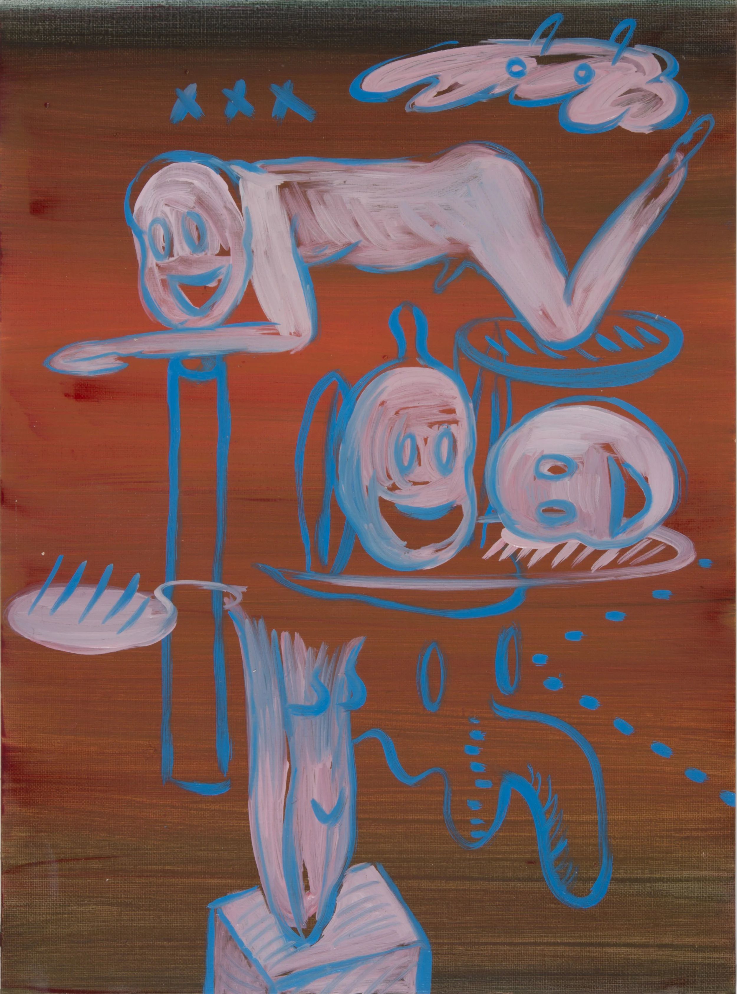 Figures leaned on red (V/P #55) 2017, Oil on paper, 33x24cm