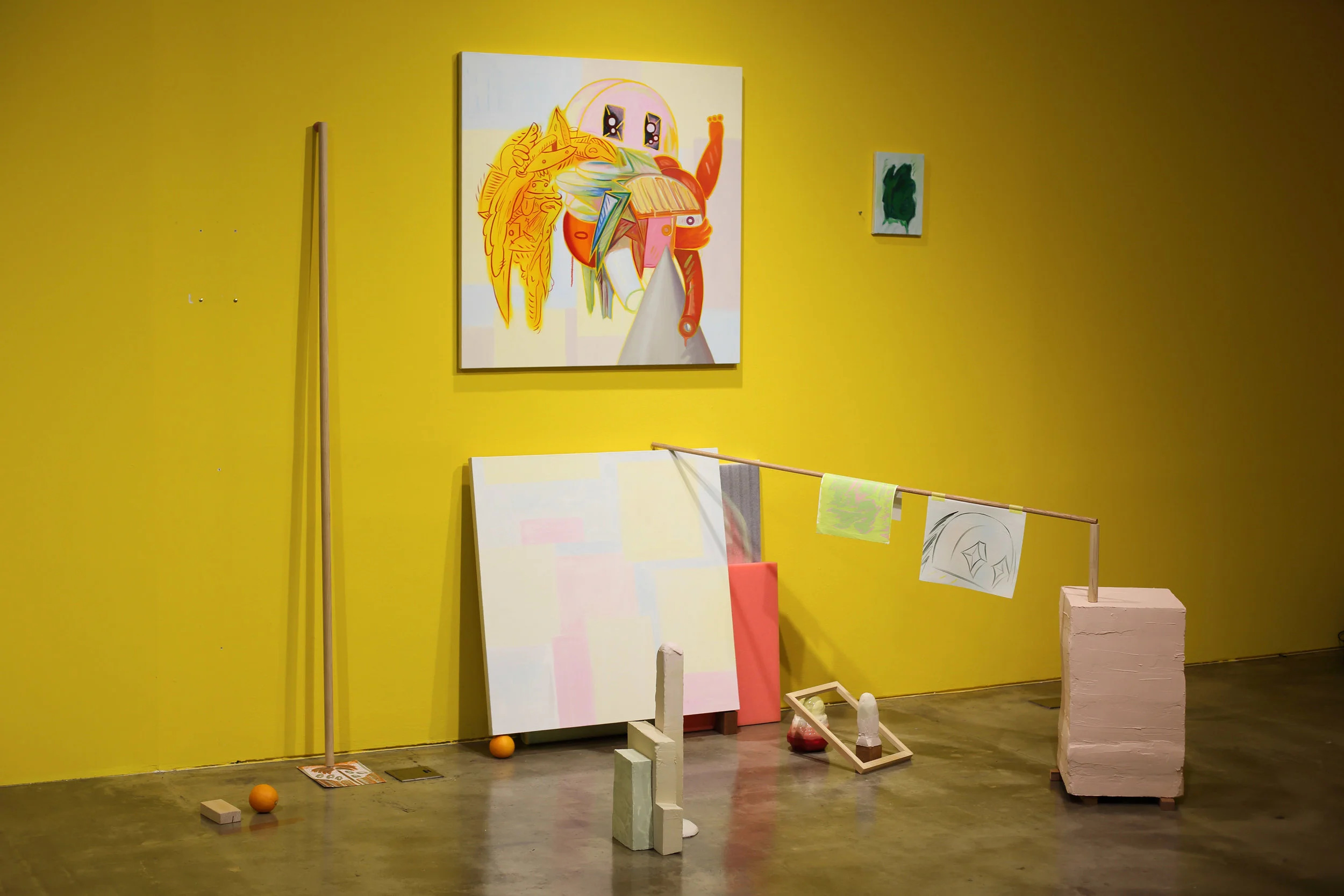 A pretty face 2018, Oil on canvas, glazed ceramic, wood, coloured clay, oil on paper, orange, parcel tape, plaster, Dimensions variable