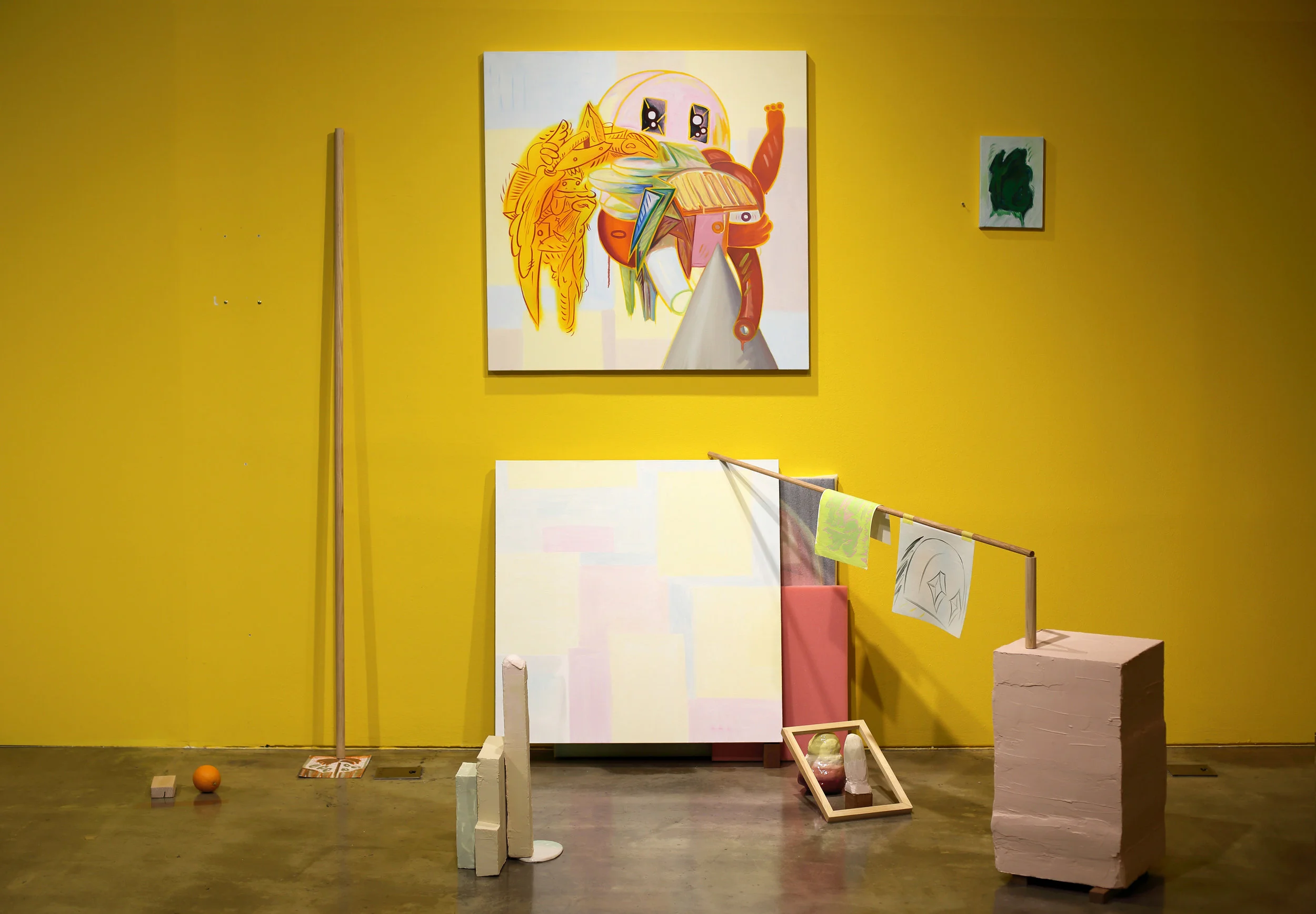 A pretty face 2018, Oil on canvas, glazed ceramic, wood, coloured clay, oil on paper, orange, parcel tape, plaster, Dimensions variable