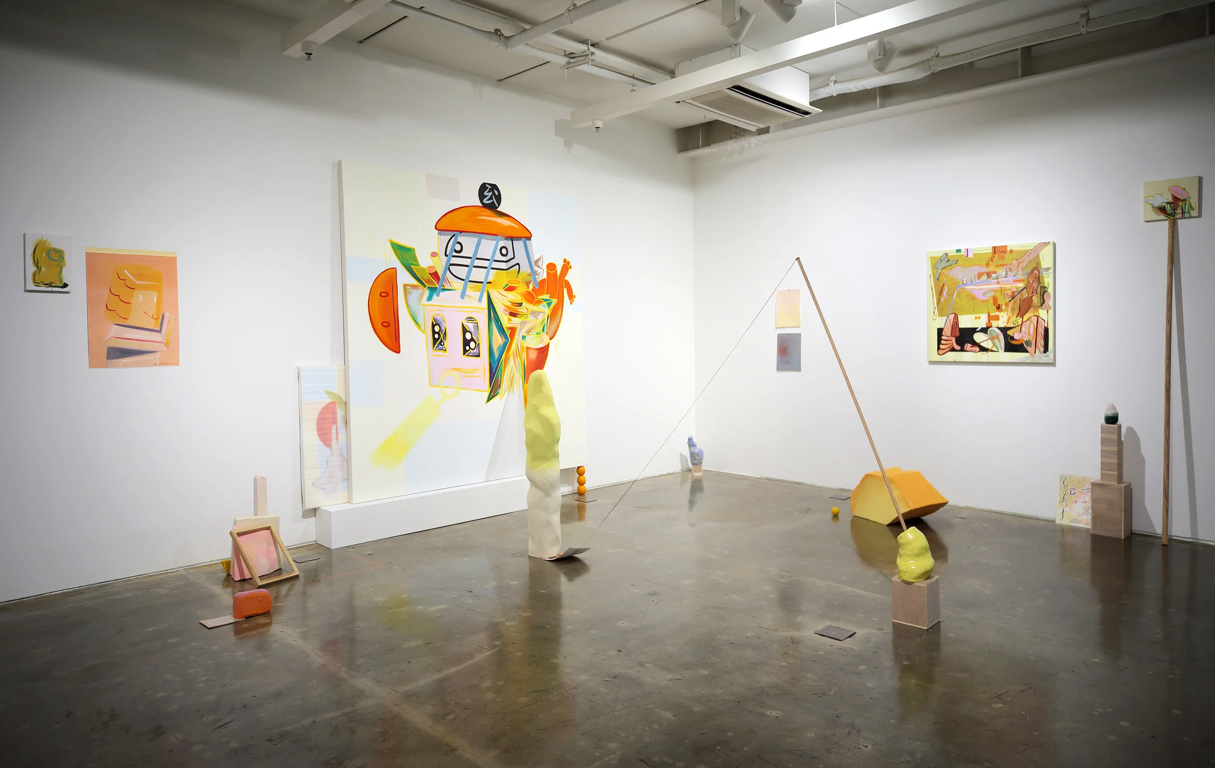 A pretty face 2018, Oil on canvas, oil on paper, wrapped painting, glazed ceramic, wood, plaster, parcel tape, orange, clay, wooden frame, Dimensions variable