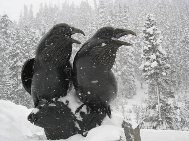 Bronze ravens keeping watch at Mount Baker Ski Area in Washington.