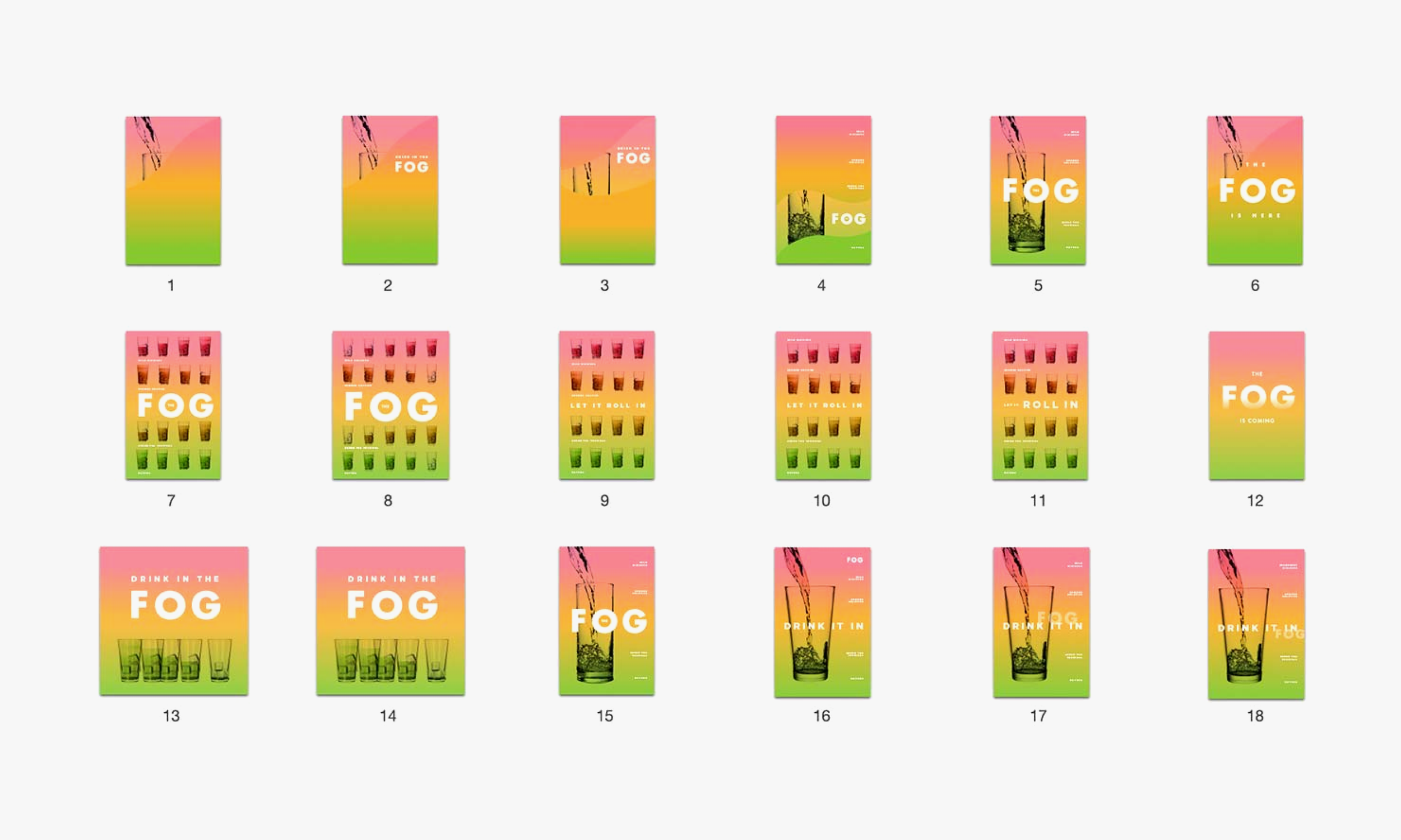   Motion concept mockups:  frames revealed the beverage and design used shapes and gradients to mimic fog and the beverage cascade 