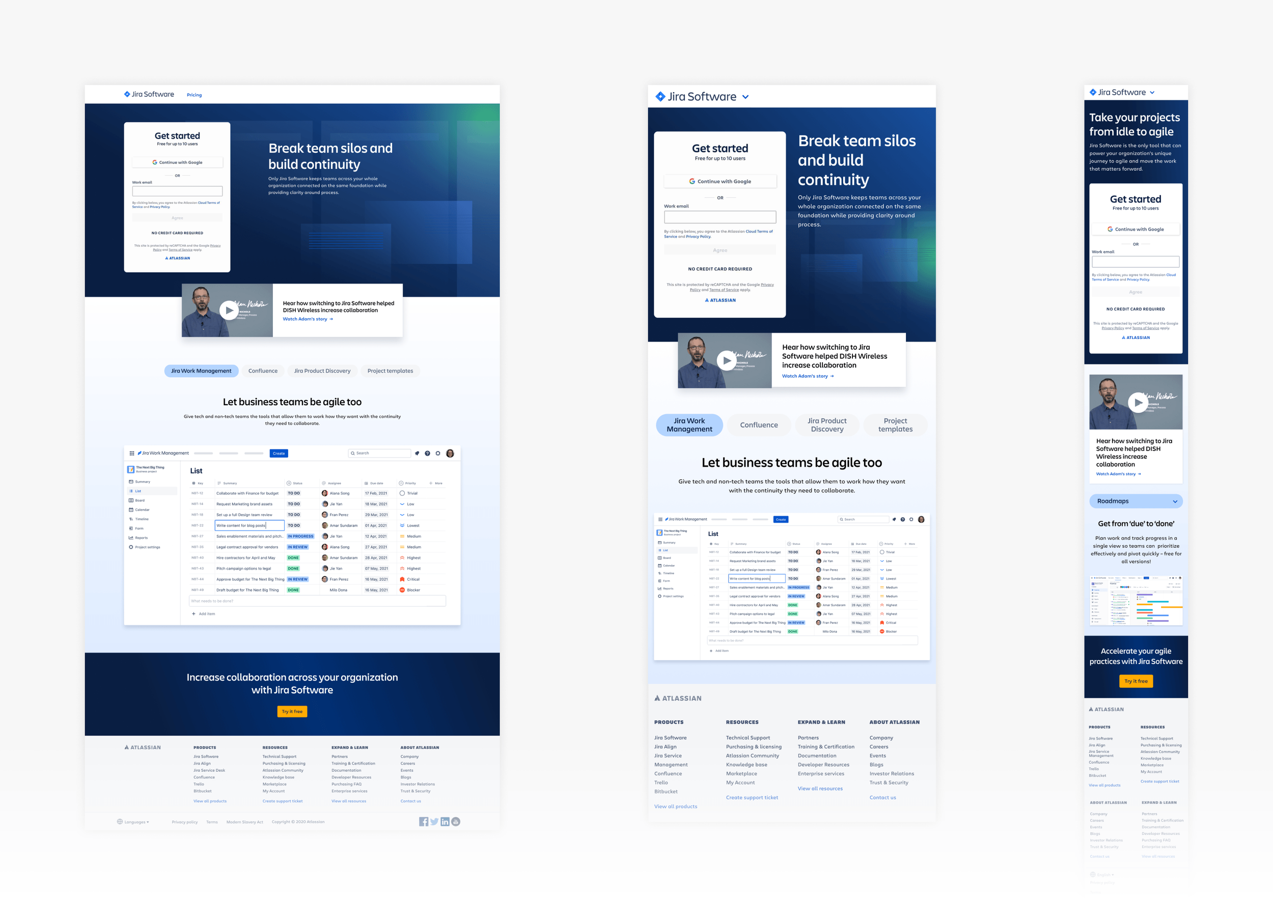   Refreshed landing pages:  3 breakpoints with video 
