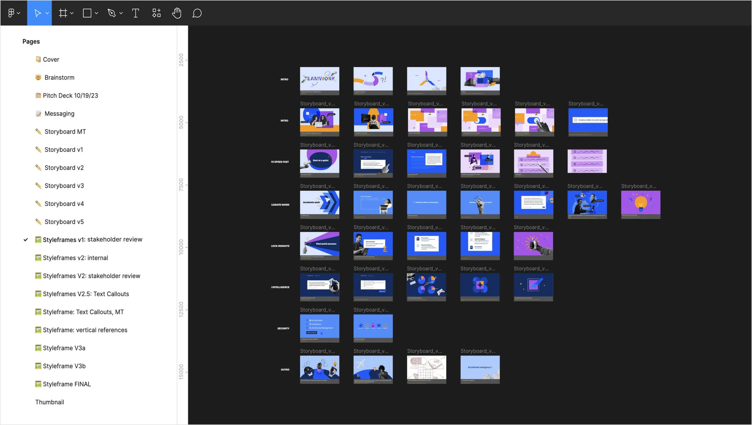   V1 style frames:  frames initially included a robust intro and outro, section dividers, and varied color usage 