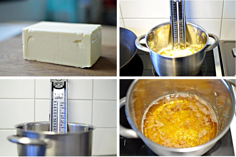 smör, kastrull med termometer, ghee med sediment
