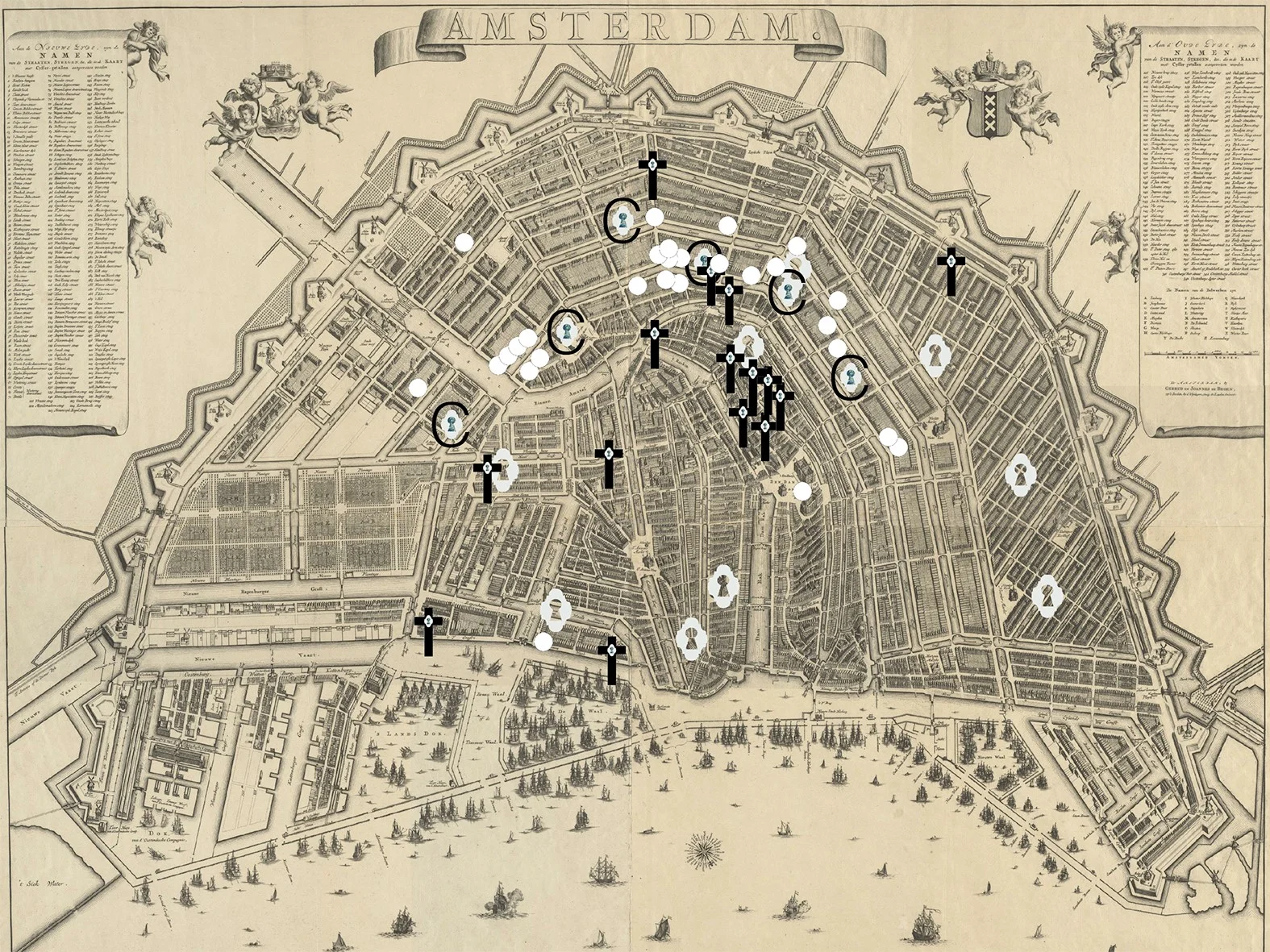 Overzicht locaties met werken van Jacob de Wit in Amsterdam, kaart M. Broen plattegrond van Amsterdam, 1744 Gemeentearchief, Amsterdam