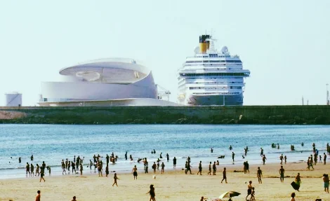 The cruise ship building is quite impressive.