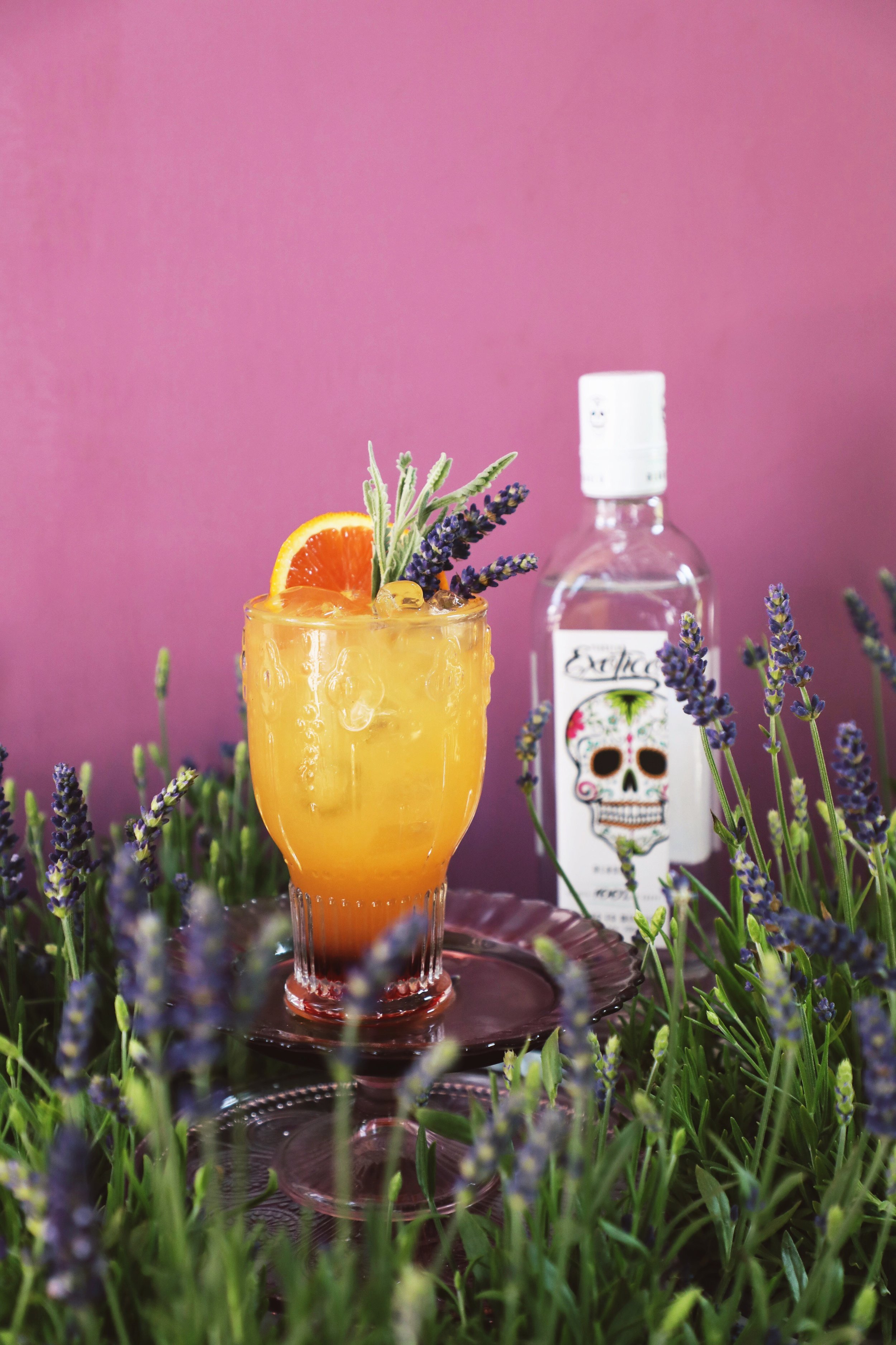 Lavender Tequila Sunrise made with Exotico Blanco Tequila, fresh orange juice, and a lavender-infused grenadine | drinkingwithchickens.com