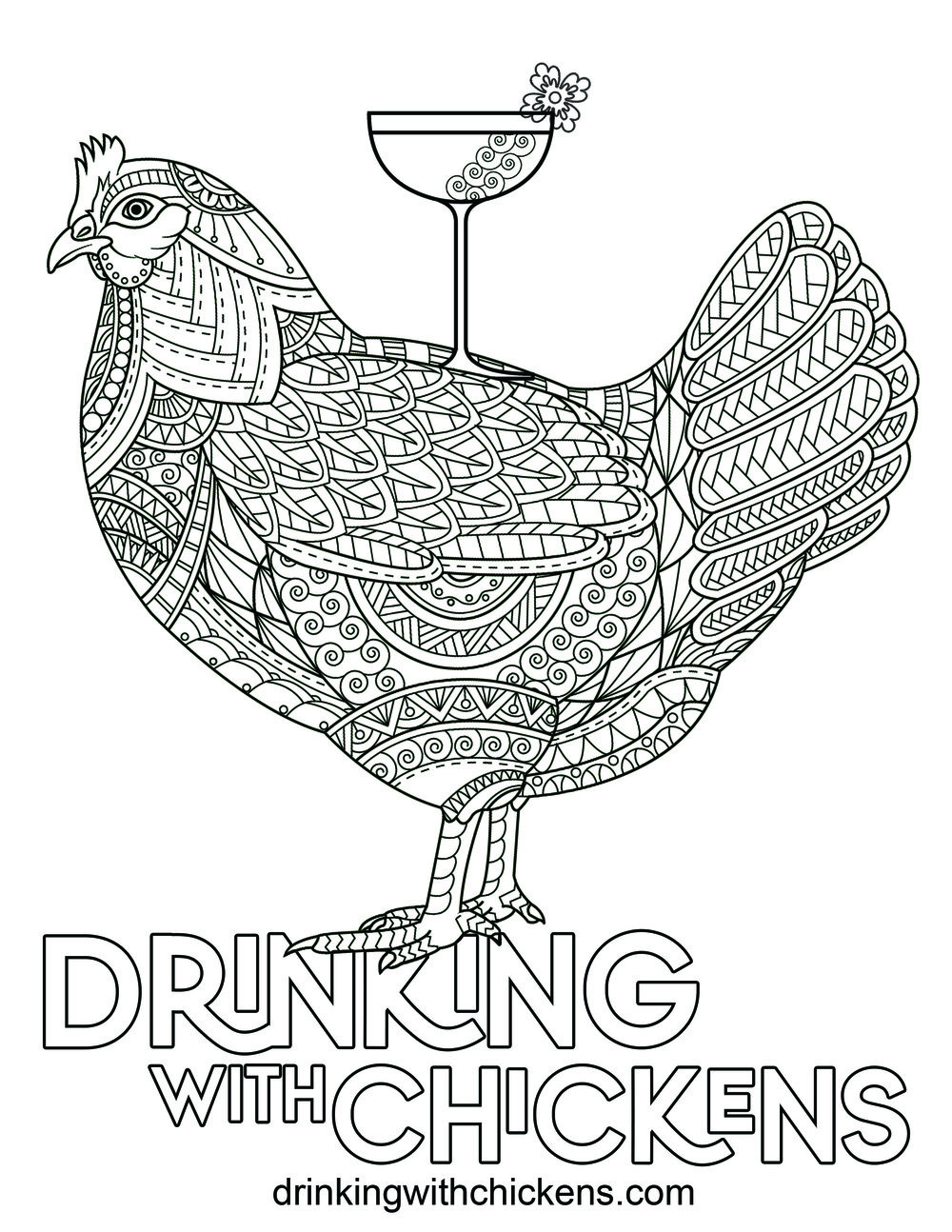 Free DWC Coloring Book Page — Drinking with Chickens