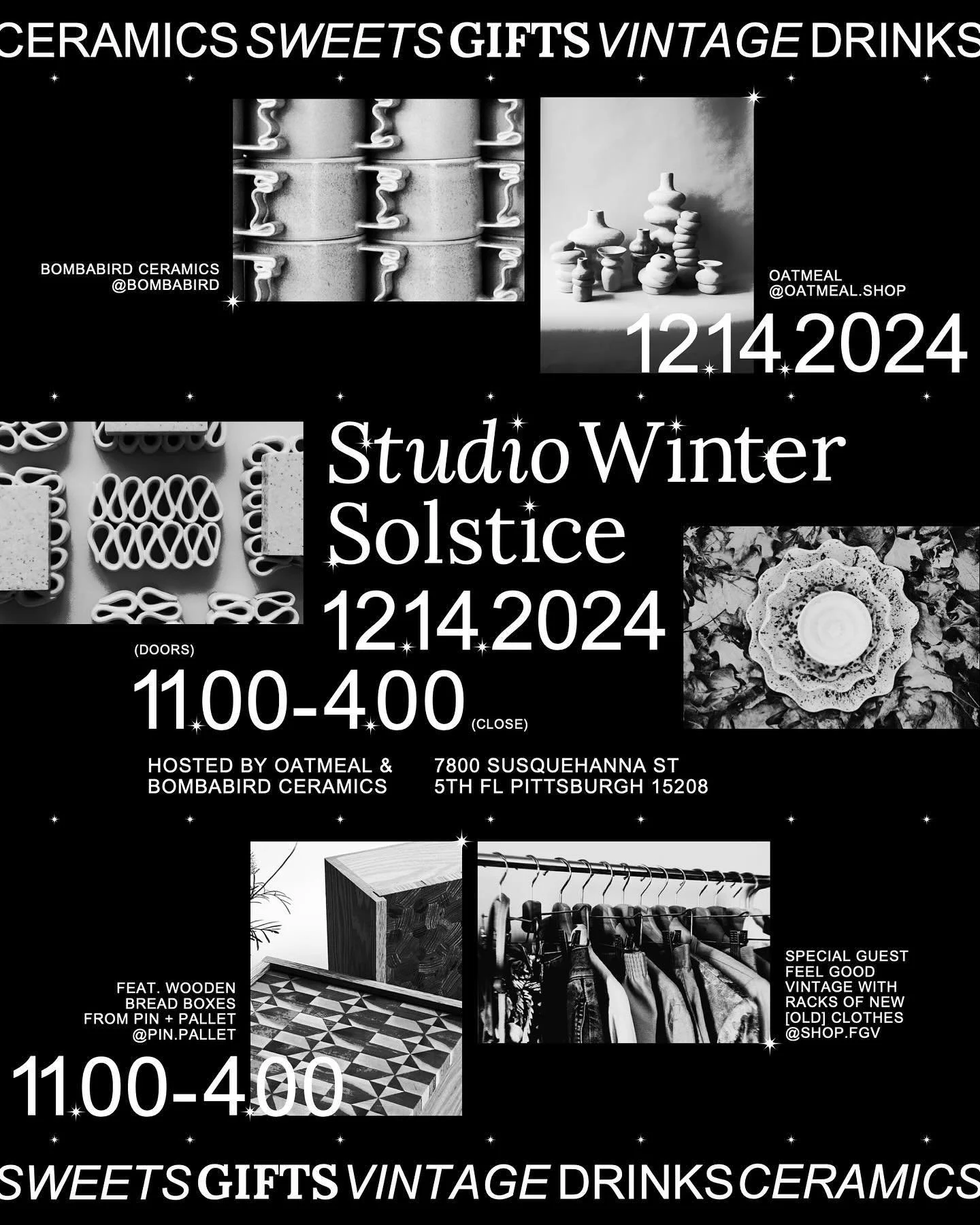 ✨ Save the date ✨ our Studio Winter Solstice is coming up fast. Join @oatmeal.shop and I on Saturday, December 14th from 11-4 as we close out the year in the only way we know how. @shopfgv and @pin.pallet will sent up in the studio too!! Grab some la