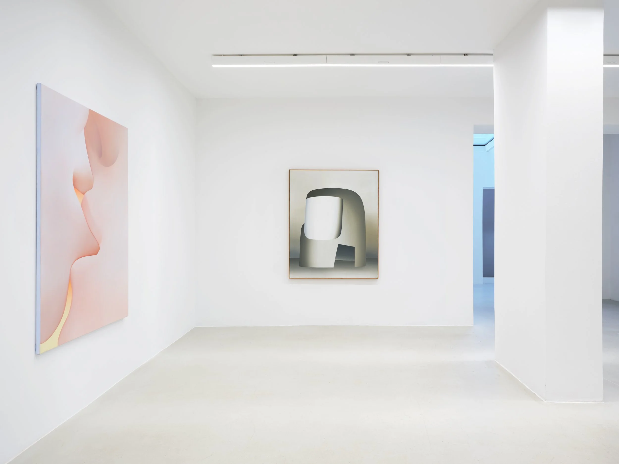 < )o( IV, 2026, oil on canvas, 160 x 115 cm (63 x 45,2 in)  > L.M. Wintersberger, Sprengung 20, 1970, oil on canvas, 140 x 115 cm (55,1 × 45,3 in)  Photo: Simon Vogel 