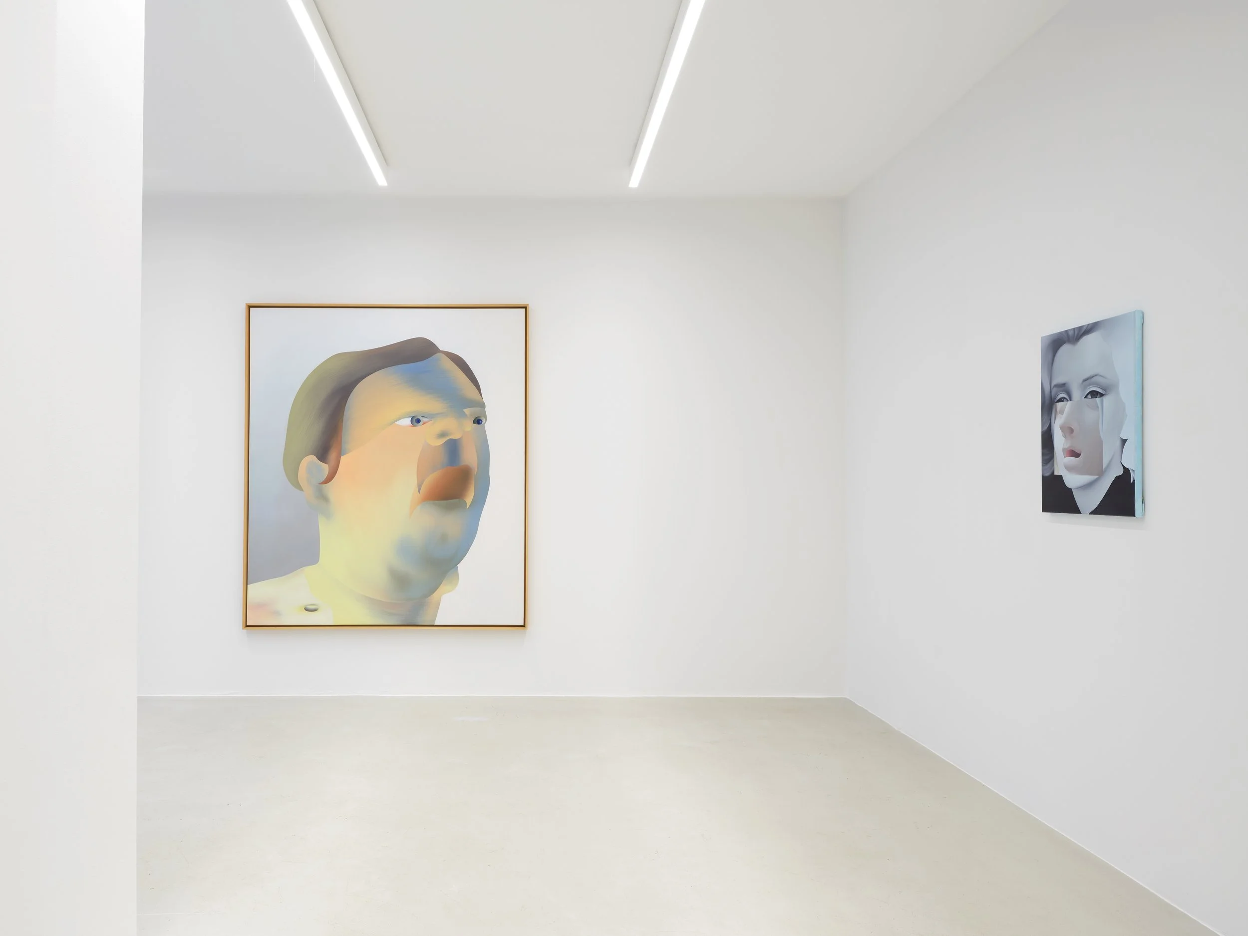  < L.M. Wintersberger, LMW - Bayer AG, 1974, oil on canvas 194,5 x 170 cm (76,6 × 67 in)  > Marilyn (Theresa) I, 2026, oil on canvas, 65 x 50 cm (25,6 x 19,7 in)  Photo: Simon Vogel 