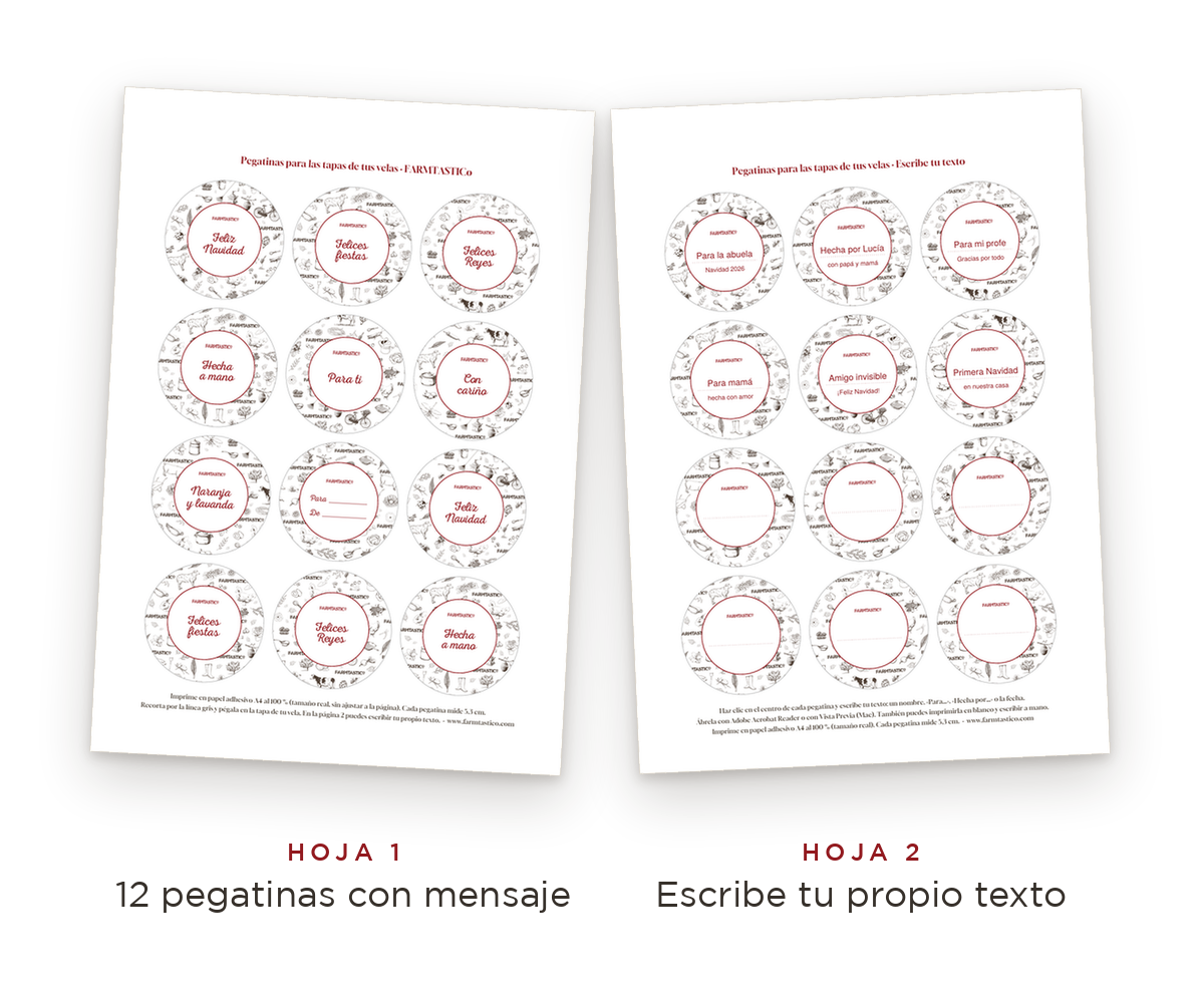 Vista previa del PDF de regalo de FARMTASTICo: hoja 1 con 12 pegatinas navideñas con mensaje y hoja 2 con pegatinas para escribir tu propio texto