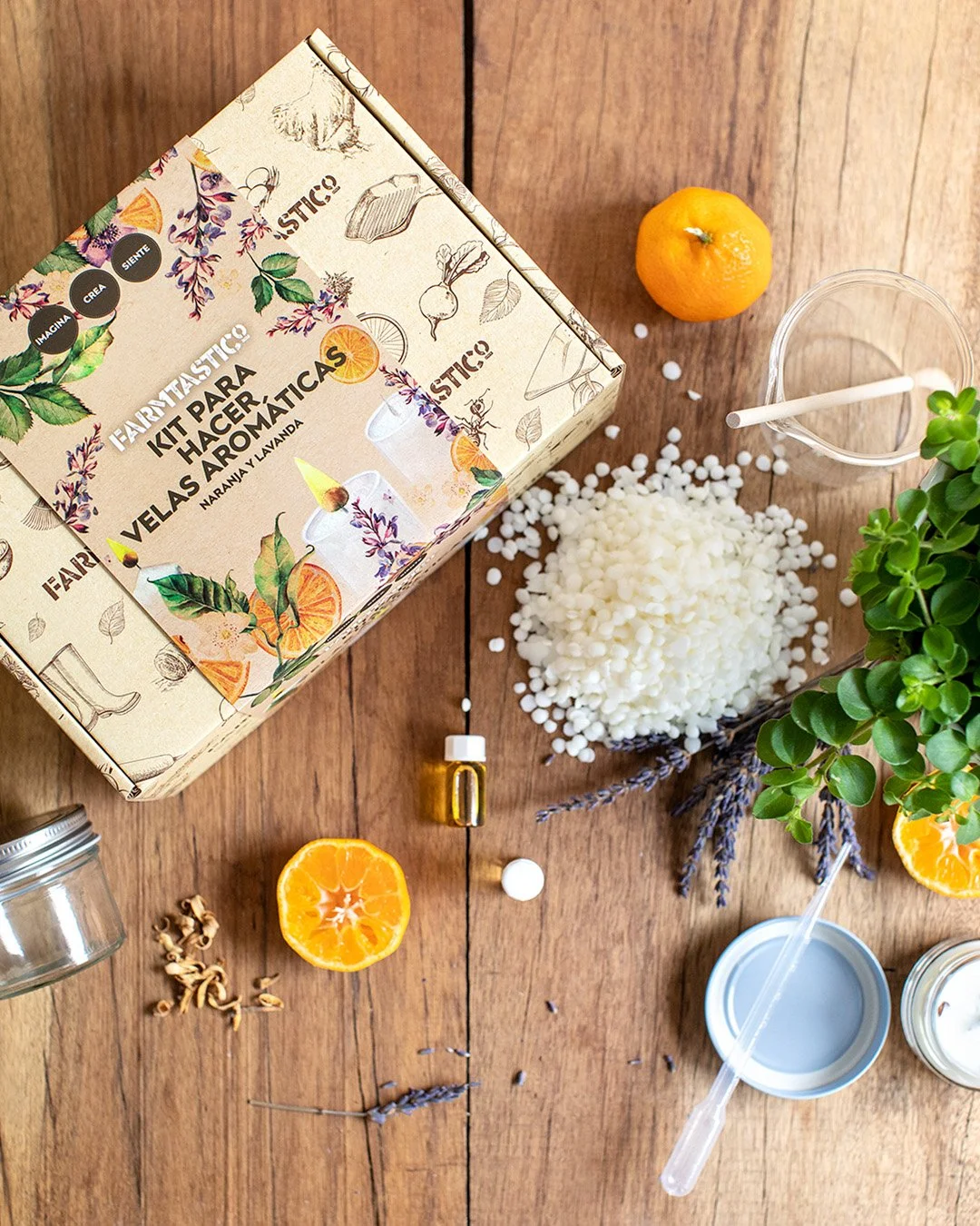 Kit para hacer velas aromáticas con cera de soja y aceites esenciales de naranja y lavanda