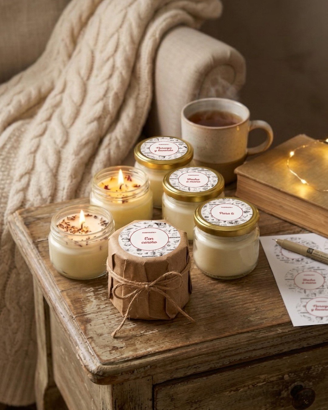 Velas hechas en casa con las pegatinas navideñas de FARMTASTICo en la tapa: Naranja y lavanda, Hecha a mano, Para ti y Con cariño