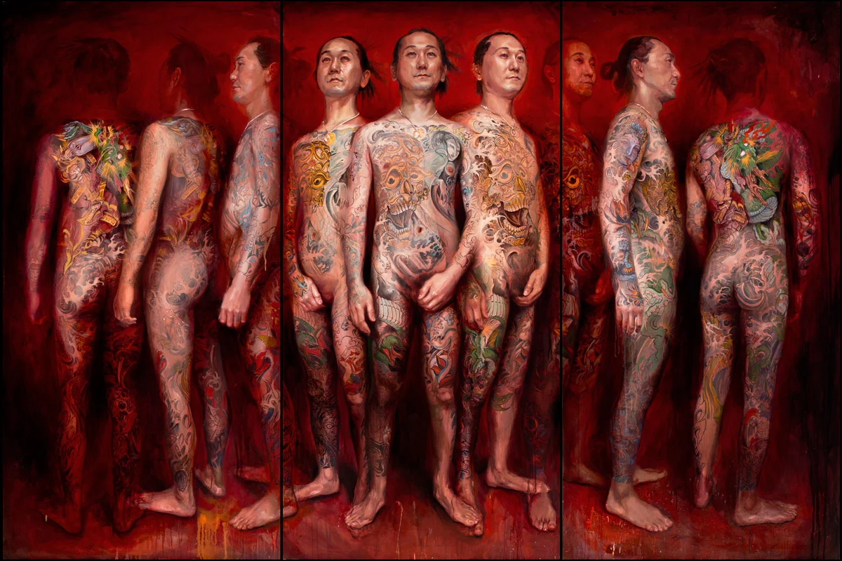 'Portrait of the Artist, Shige (Shigenori Iwasaki), 9 views', Triptych, oil on canvas, 72" x 36", 72" x 36", 72" x 36", 2010-2012