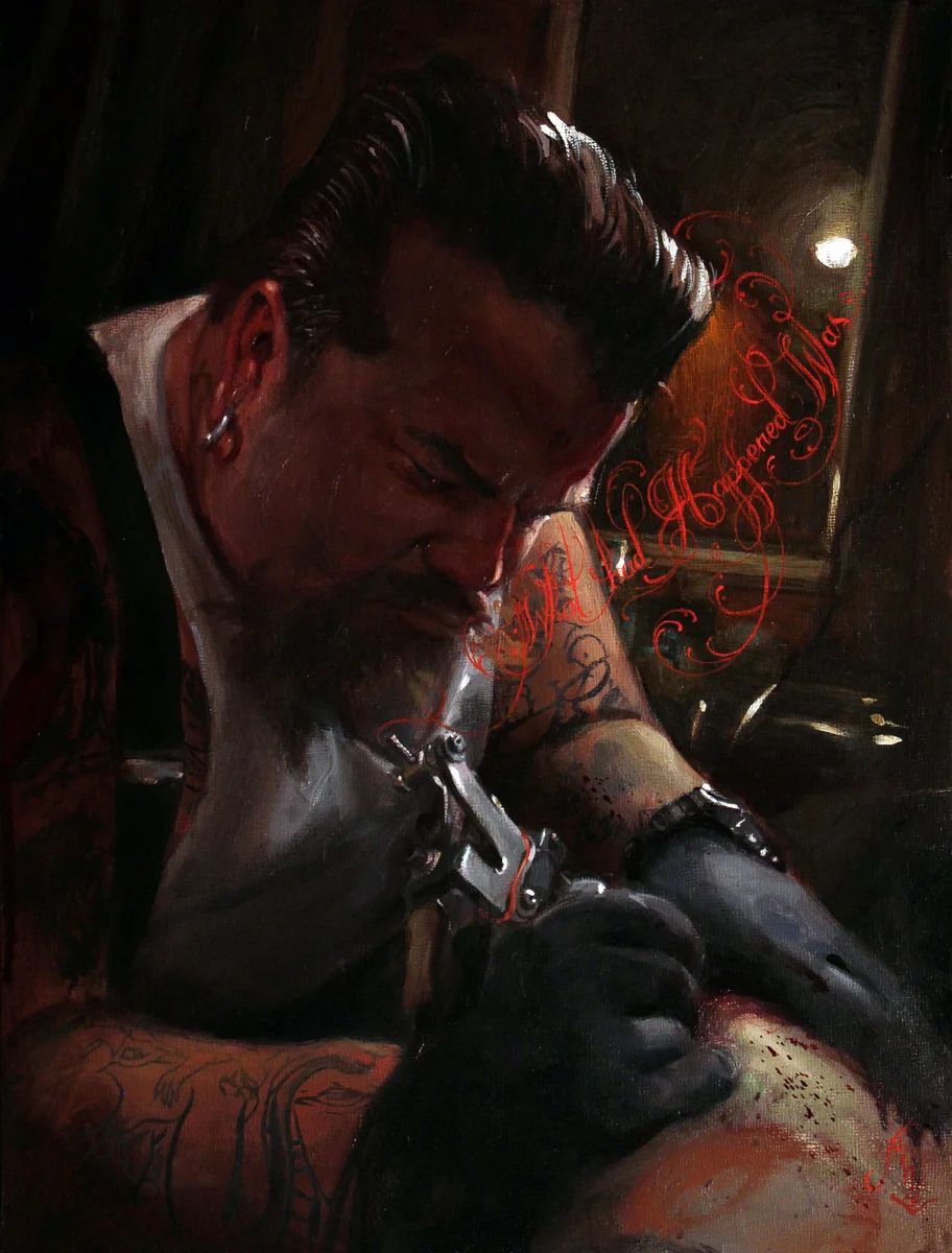 'Omar Edmison at Work, B.I.S.', (Collaboration with Henry Lewis), oil on panel, 16" x 12", 2014, Private Collection