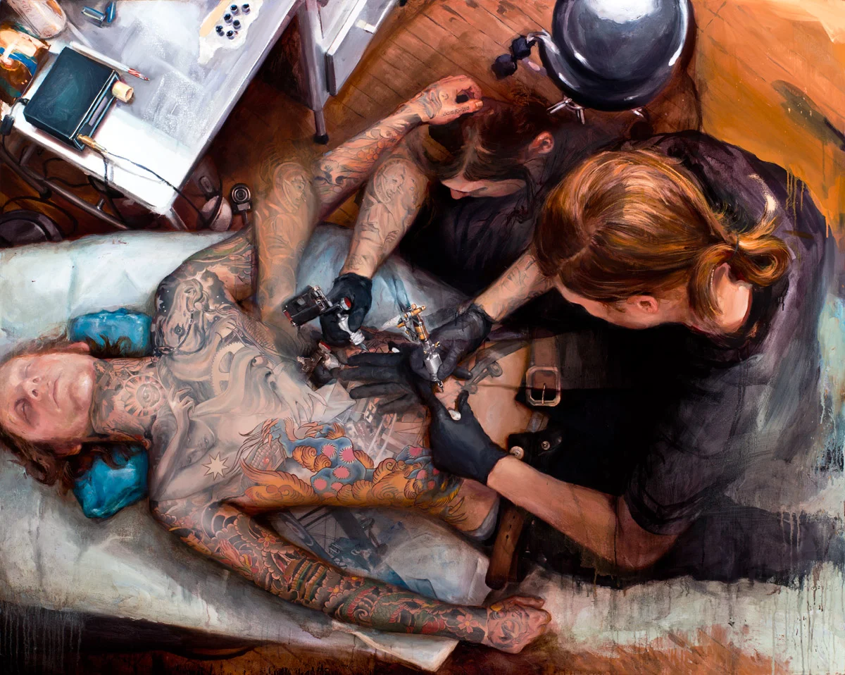 'James Spencer Briggs at Work (with Aaron Wahlman)', oil on canvas, 48" x 60", 2011-2012