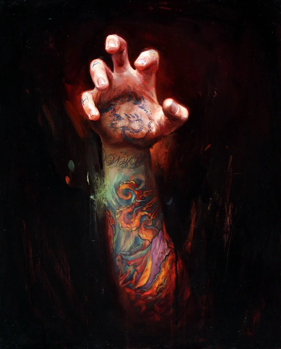 'Last Gasp, Tattooed Self Portrait Hand Study', oil on panel, 20" x 16", 2011, Collection of Lady Gaga