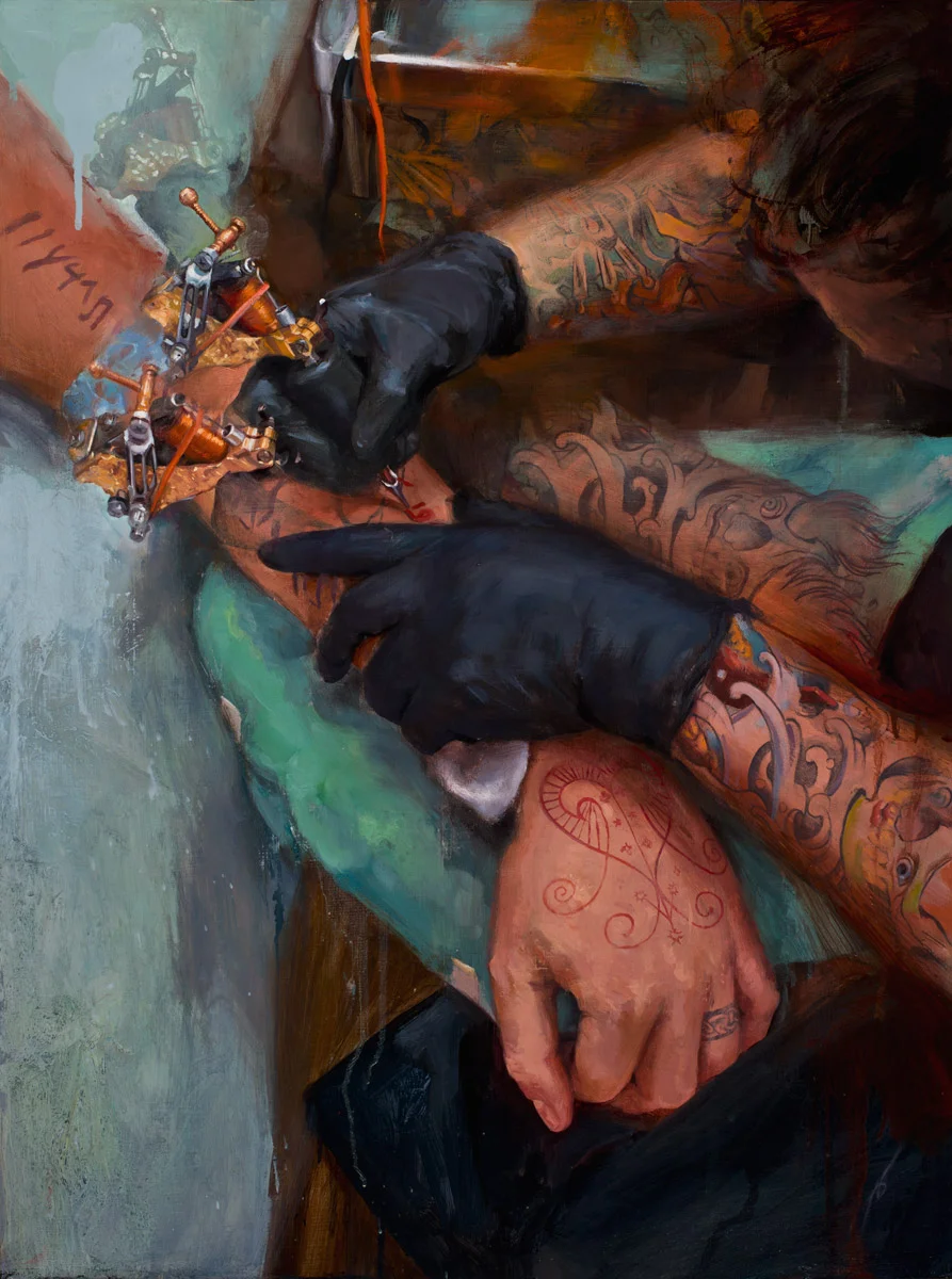 'Self Portrait at work (with Wayne Martin Belger and Wayne's Custom Machine)', Collection of Wayne Martin Belger, oil on wood, 24" x 18", 2012