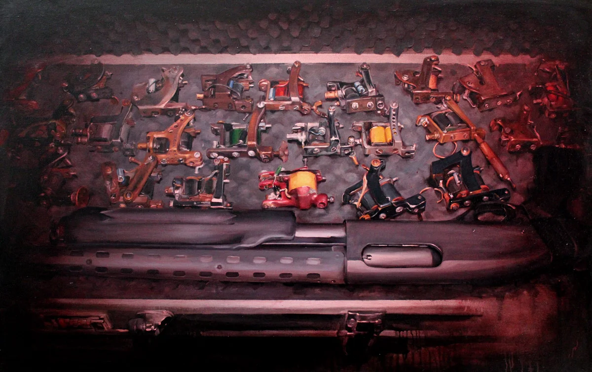 'Mike Wilson's Machine Collection, The Arsenal II', oil on canvas, 30" x 48", 2010