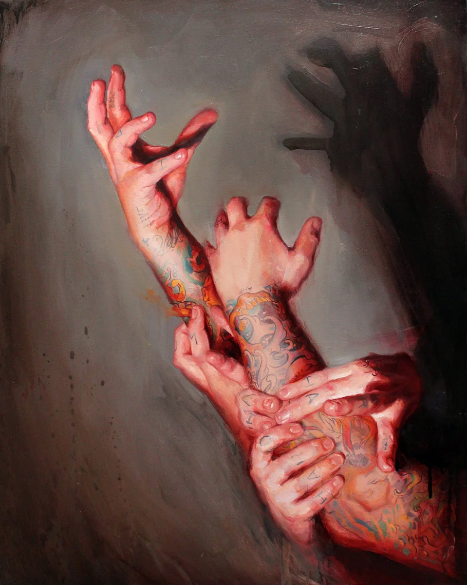 'Tattooed Self Portrait, Multiple Hands Study', oil on canvas, 30" x 24", 2010, Collection of Cameron Miller